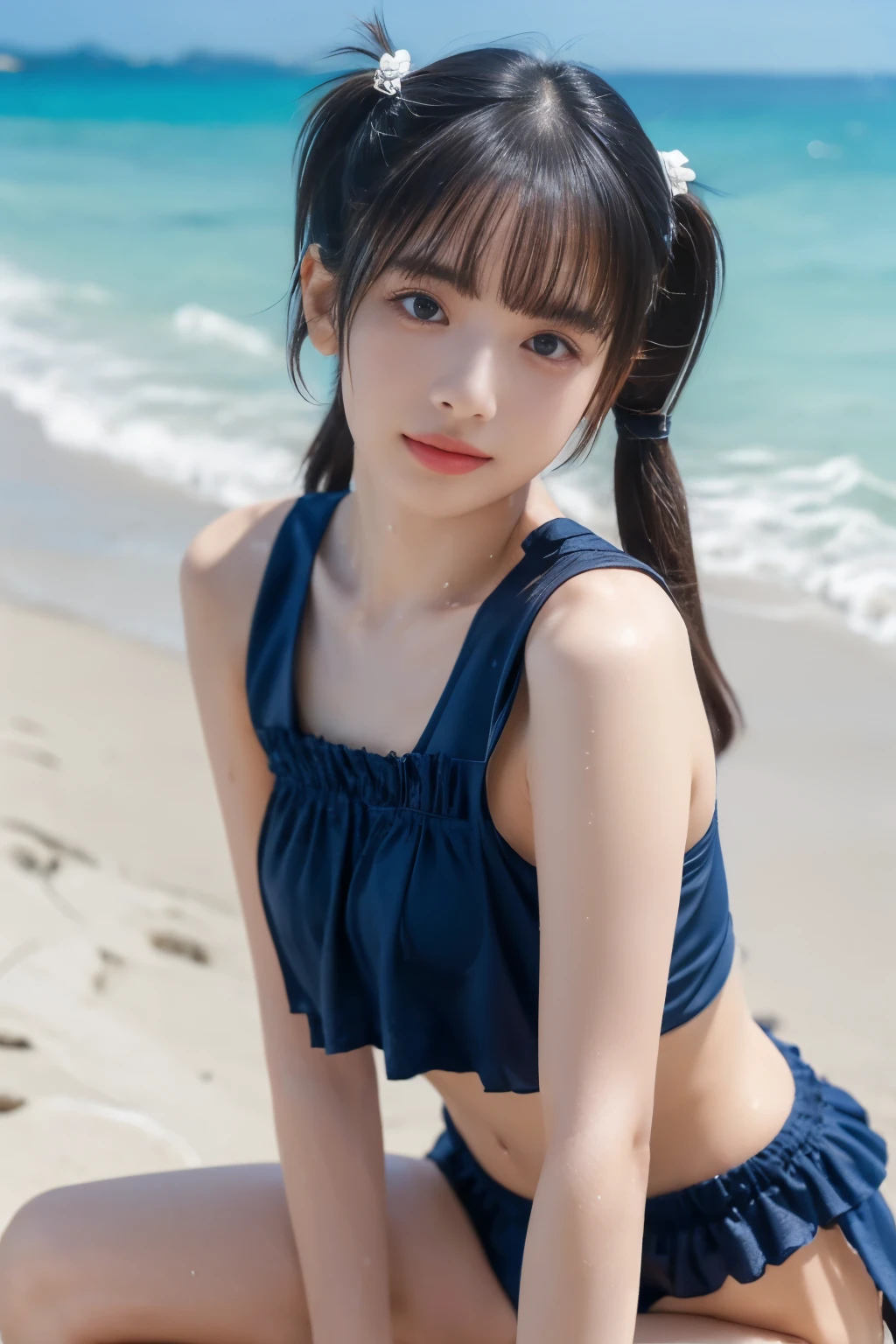 (8k、Original photo、 Short Twin Tails 、 top quality 、masterpiece:1.2)、( real、 photorealistic:1.37)、 High Resolution Icon 、Original photo、 stylish bikinis swimsuits、( hairstyles with bangs ),   shooting from the waist up , (Sweaty skin), Beautiful beaches abroad ,  20 Year Old Beauty