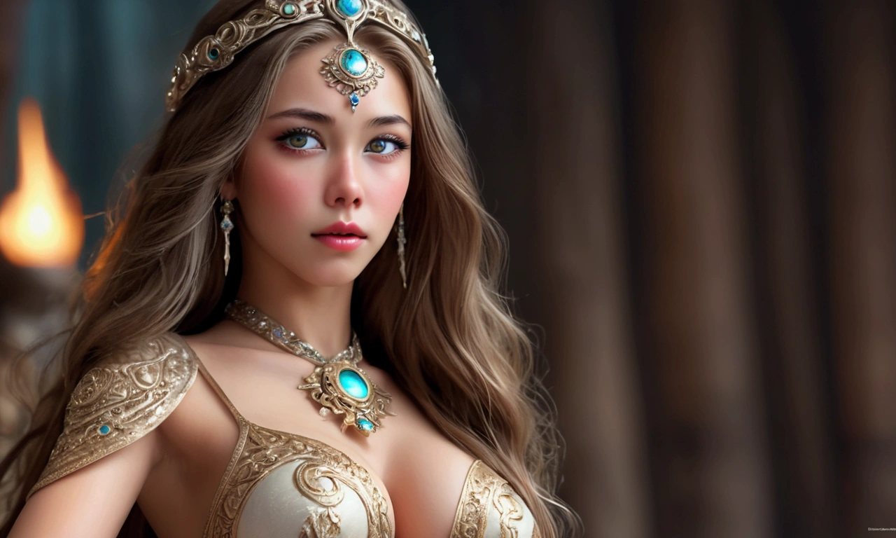 Absurd, ultra-detailed, high quality, masterpiece,  detailed face, beautiful eyes(detailed eyes), Greek mythology, Goddess, Hera , the queen of the gods, striking and captivating, features are classically beautiful, with high cheekbones, a perfectly proportioned face, eyes depicted as large and captivating, hold an intense gaze, Her golden hair is luxuriant and flowing, cascading down her back in waves , wearing elegant robes adorned with intricate patterns , Her beauty is not merely superficial but embodies the essence of power, authority, and regality, whole body, lace lingerie