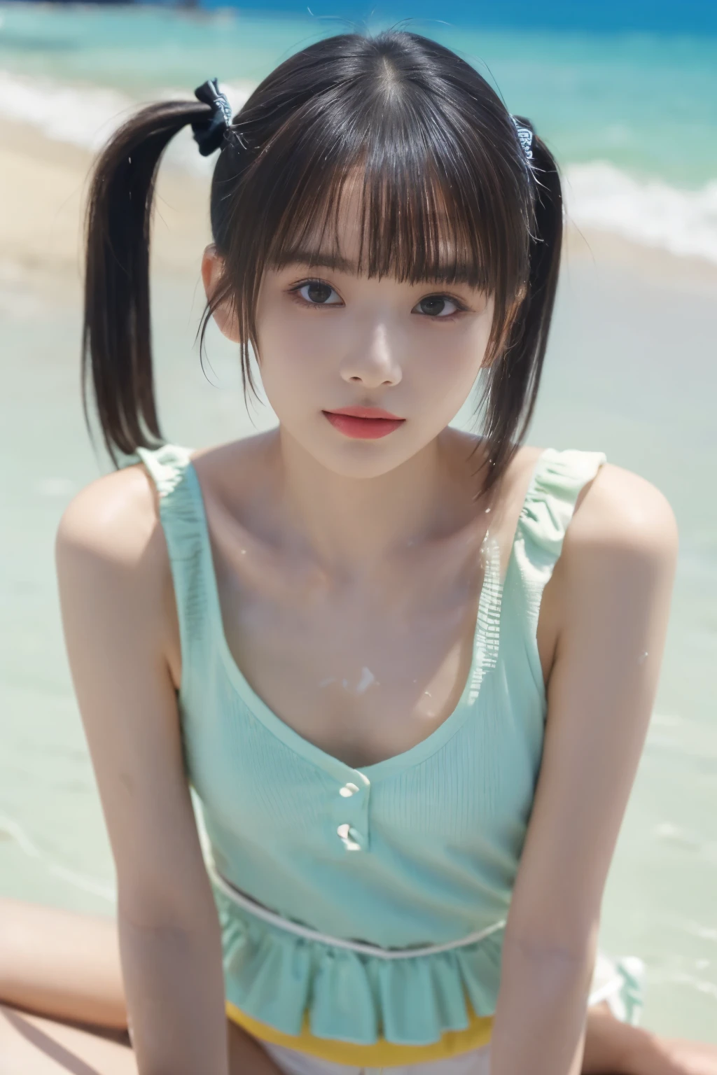 (8k、Original photo、 Short Twin Tails 、 top quality 、masterpiece:1.2)、( real、 photorealistic:1.37)、 High Resolution Icon 、Original photo、 stylish bikinis swimsuits、( hairstyles with bangs ),   shooting from the waist up , (Sweaty skin), Beautiful beaches abroad ,  20 Year Old Beauty