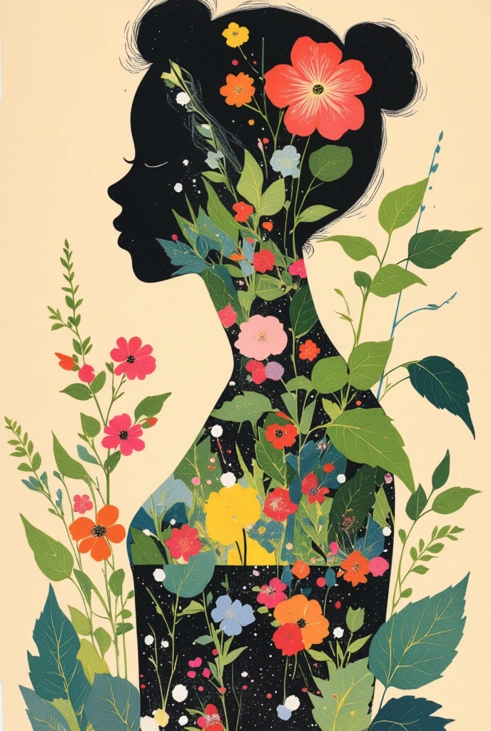   There is a picture of a flower growing in a soda bottle ,  Aaron Douglas , 1940s faded risograph print ,  Details,  inspired by Robert Colescott,  Inspired by Graham Sutherland , 1960s Neo Rococo Expressionism , Lithography,  Kara Walker James Jean , added  Details,Cut Out Paper Collage ,Portrait collage 