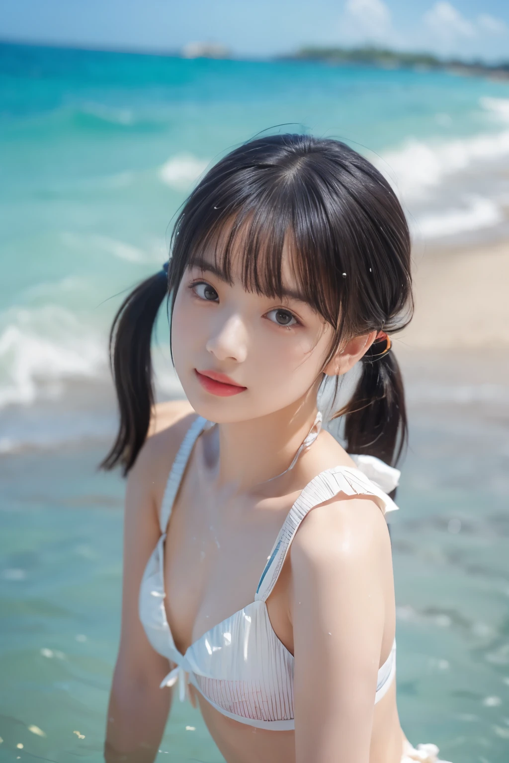 (8k、Original photo、 Short Twin Tails 、 top quality 、masterpiece:1.2)、( real、 photorealistic:1.37)、 High Resolution Icon 、Original photo、stylish and sexy bikini swimwear、( hairstyles with bangs ),   shooting from the waist up , (Sweaty skin), Beautiful beaches abroad , ( 20 Year Old Beauty)