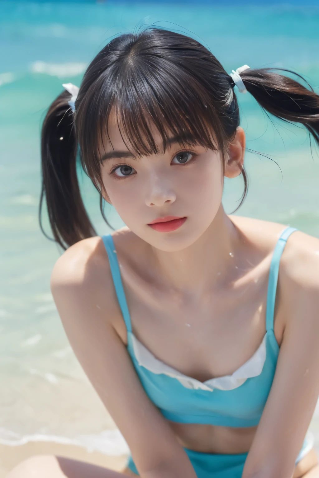 (8k、Original photo、 Short Twin Tails 、 top quality 、masterpiece:1.2)、( real、 photorealistic:1.37)、 High Resolution Icon 、Original photo、stylish and sexy bikini swimwear、( hairstyles with bangs ),   shooting from the waist up , (Sweaty skin), Beautiful beaches abroad , ( 20 Year Old Beauty)