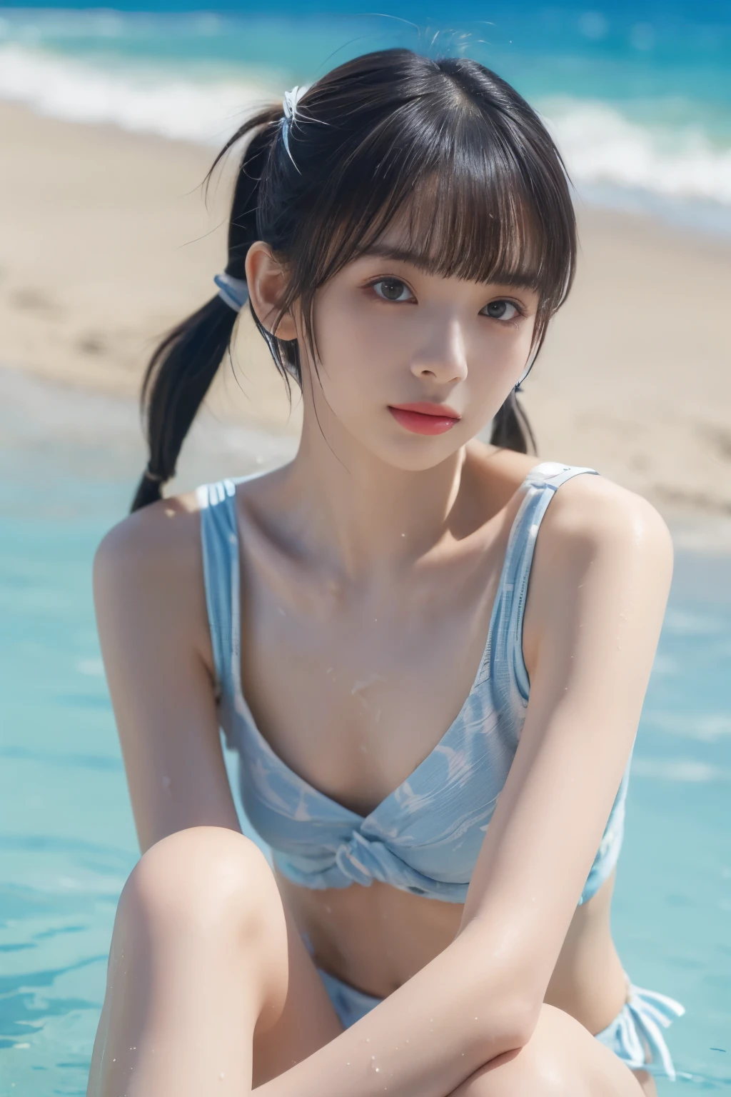 (8k、Original photo、 Short Twin Tails 、 top quality 、masterpiece:1.2)、( real、 photorealistic:1.37)、 High Resolution Icon 、Original photo、stylish and sexy bikini swimwear、( hairstyles with bangs ),   shooting from the waist up , (Sweaty skin), Beautiful beaches abroad , ( 20 Year Old Beauty)