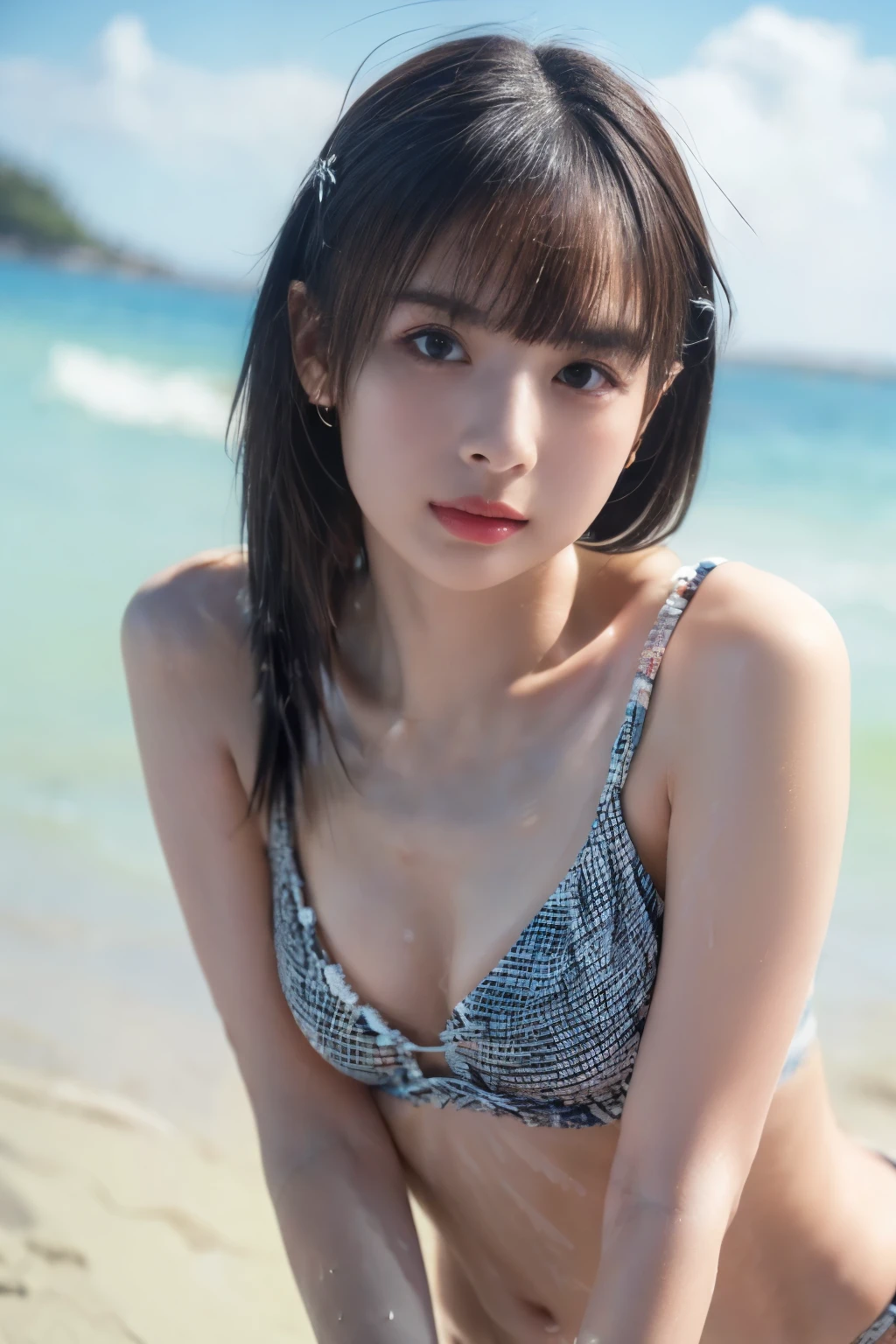 (8k, RAW photo, professional, best quality, masterpiece:1.2), (realistic, photo-realistic:1.37),  highres icon, RAW photo, stylish bikini swimsuit, (Hairstyles with bangs),  shooting from the waist up , (Sweaty skin)