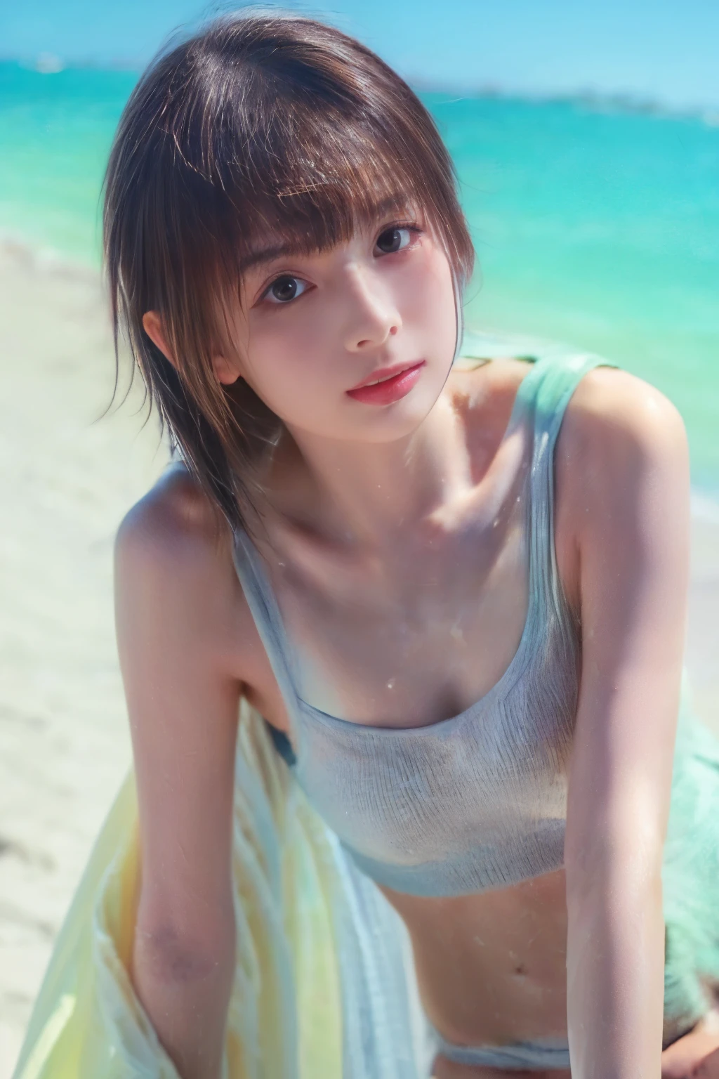 (8k, RAW photo, professional, best quality, masterpiece:1.2), (realistic, photo-realistic:1.37),  highres icon, RAW photo, stylish bikini swimsuit, (Hairstyles with bangs),  shooting from the waist up , (Sweaty skin), Beautiful beaches in foreign countries