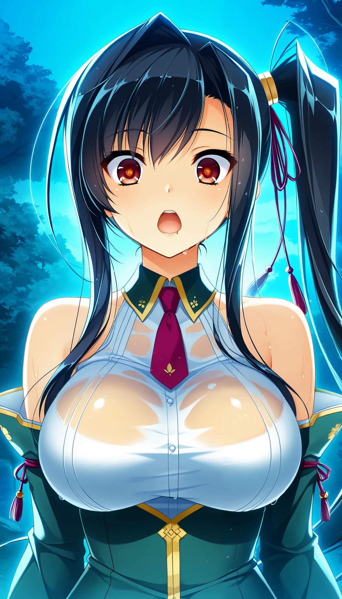 The night when the kan'u  \(koihime musou\),  open your mouth, Beautiful Finely Drawn Eyes , Shining Corona pupils ,  glossy lips , Greasy Lips ,  Highly Detailed Faces ,  long elegant fingers ,  long hair,  side ponytail ,  Dramatic Lighting ,  dark fantasy,  indecent vibe, Surprised expression, Glare:1.4,  attached a curved blade to the tip of the long handle_Holding a sword ,  random action pose , Beautiful round breasts:1.2, Beautiful bodyline,  brightly colored ,  Cinematic Composition ,  anime style :1.2, Detailed CG illustration, 8k, masterpiece．