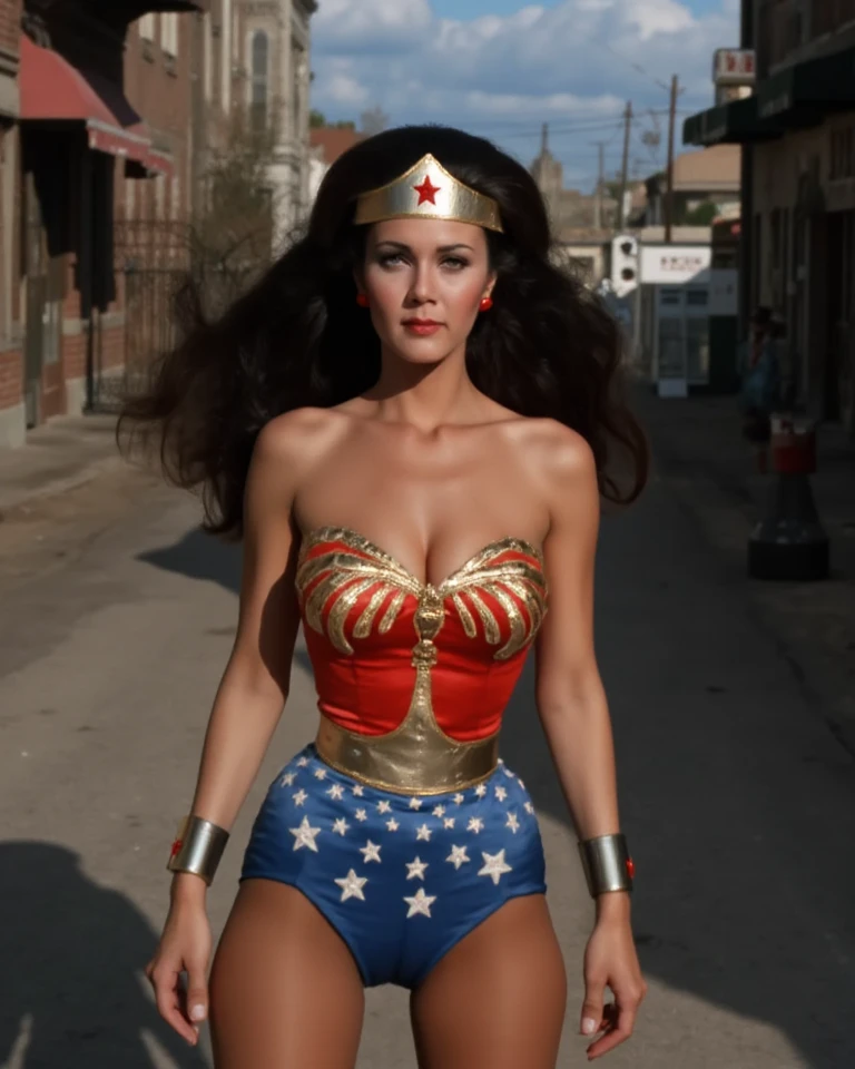  A gorgeous Wonder Woman in tight red and blue,  long, dark hair ,  Beautiful and Detailed Eyes ,  Striking facial features ,  Sexy 選美皇后体格, White Skin ,The expression is romantic and sexy,  Strong posture ,  in an impressive motion position , Dynamic Lighting,  Dramatic cinematic scenes ,  digital painting , Complex and detailed rendering ,  ultra-realistic, 8K, vibrant colors,  Dramatic shadows ,  Movie Lights , Glamorous,   Sexy  , Mouthwatering, The background is an old street in an abandoned town in the 1920s ,