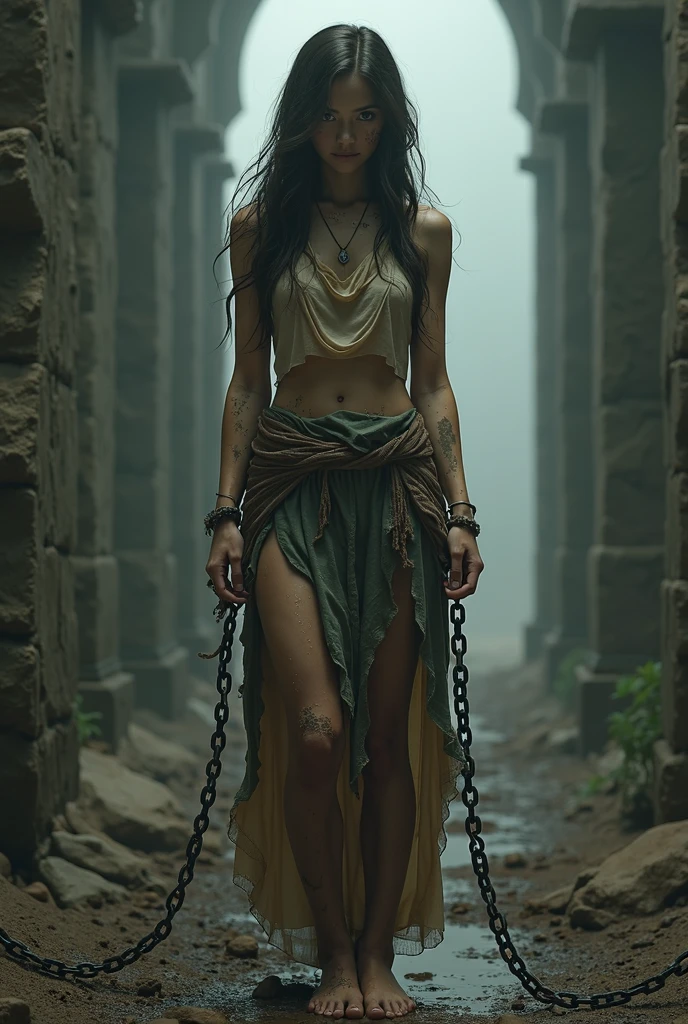 Describe a female slave who is locked up and chained in a fantasy kingdom with starving conditions