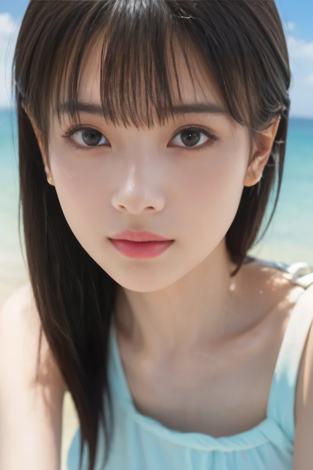 (8k, RAW photo, professional, best quality, masterpiece:1.2), (realistic, photo-realistic:1.37),  highres icon, RAW photo, stylish bikini swimsuit, (Hairstyles with bangs),  shooting from the waist up , (Sweaty skin), Beautiful beaches in foreign countries