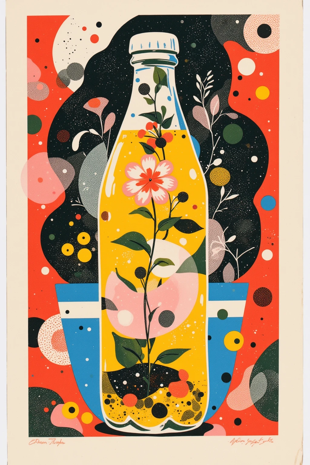   There is a picture of a flower growing in a soda bottle ,  Aaron Douglas , 1940s faded risograph print ,  Details,  inspired by Robert Colescott,  Inspired by Graham Sutherland , 1960s Neo Rococo Expressionism , Lithography,  Kara Walker James Jean , added  Details,Cut Out Paper Collage ,Portrait collage 