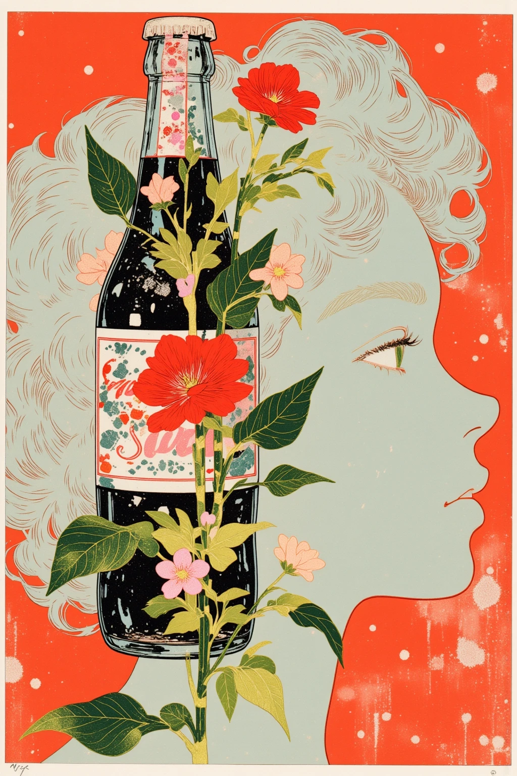   There is a picture of a flower growing in a soda bottle ,  Aaron Douglas , 1940s faded risograph print ,  Details,  inspired by Robert Colescott,  Inspired by Graham Sutherland , 1960s Neo Rococo Expressionism , Lithography,  Kara Walker James Jean , added  Details,Cut Out Paper Collage ,Portrait collage 