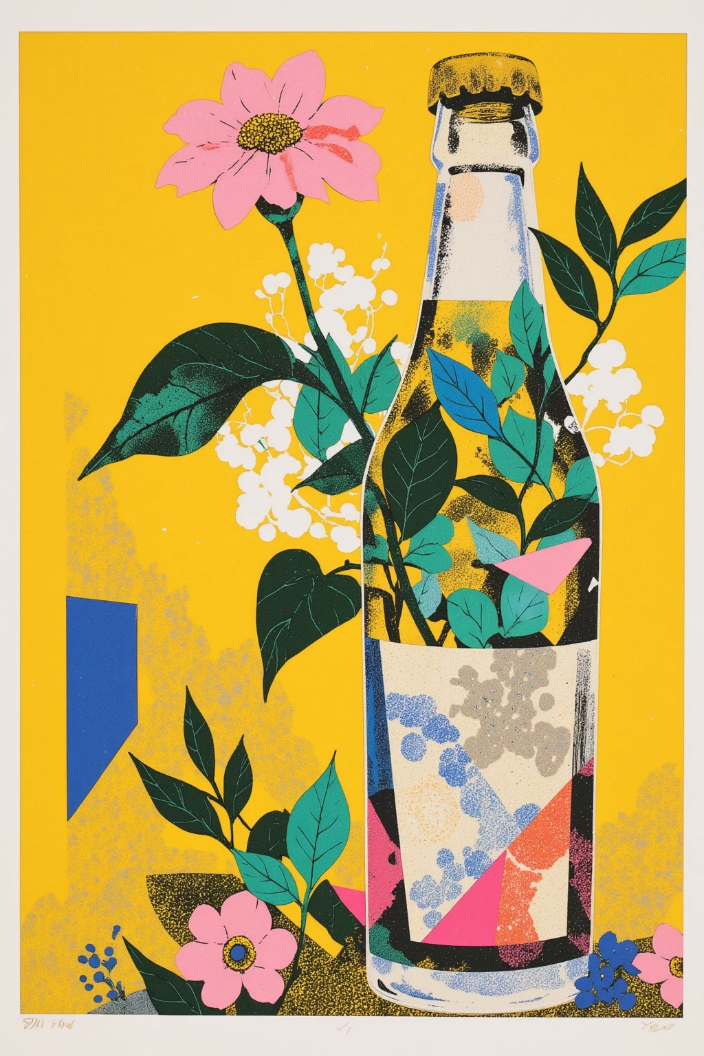   There is a picture of a flower growing in a soda bottle ,  Aaron Douglas , 1940s faded risograph print ,  Details,  inspired by Robert Colescott,  Inspired by Graham Sutherland , 1960s Neo Rococo Expressionism , Lithography,  Kara Walker James Jean , added  Details,Cut Out Paper Collage ,Portrait collage 