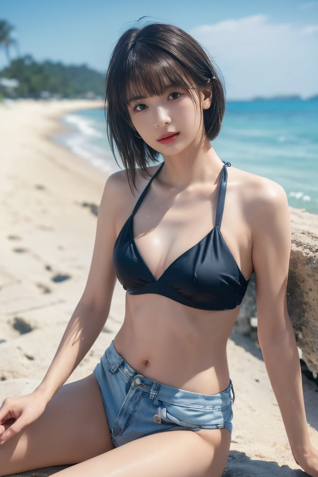 (8k, RAW photo, professional, best quality, masterpiece:1.2), (realistic, photo-realistic:1.37),  highres icon, RAW photo, stylish bikini swimsuit, (Hairstyles with bangs),  shooting from the waist up , (Sweaty skin), Beautiful beaches in foreign countries