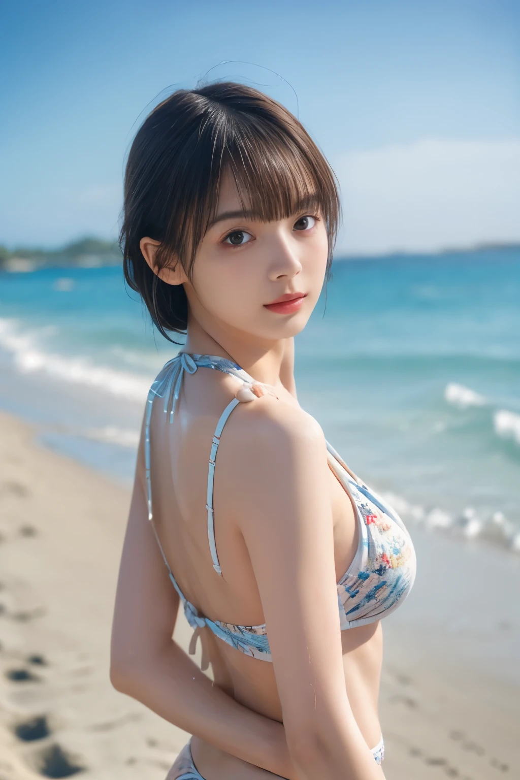 (8k, RAW photo, professional, best quality, masterpiece:1.2), (realistic, photo-realistic:1.37),  highres icon, RAW photo, stylish bikini swimsuit, (Hairstyles with bangs),  shooting from the waist up , (Sweaty skin), Beautiful beaches in foreign countries