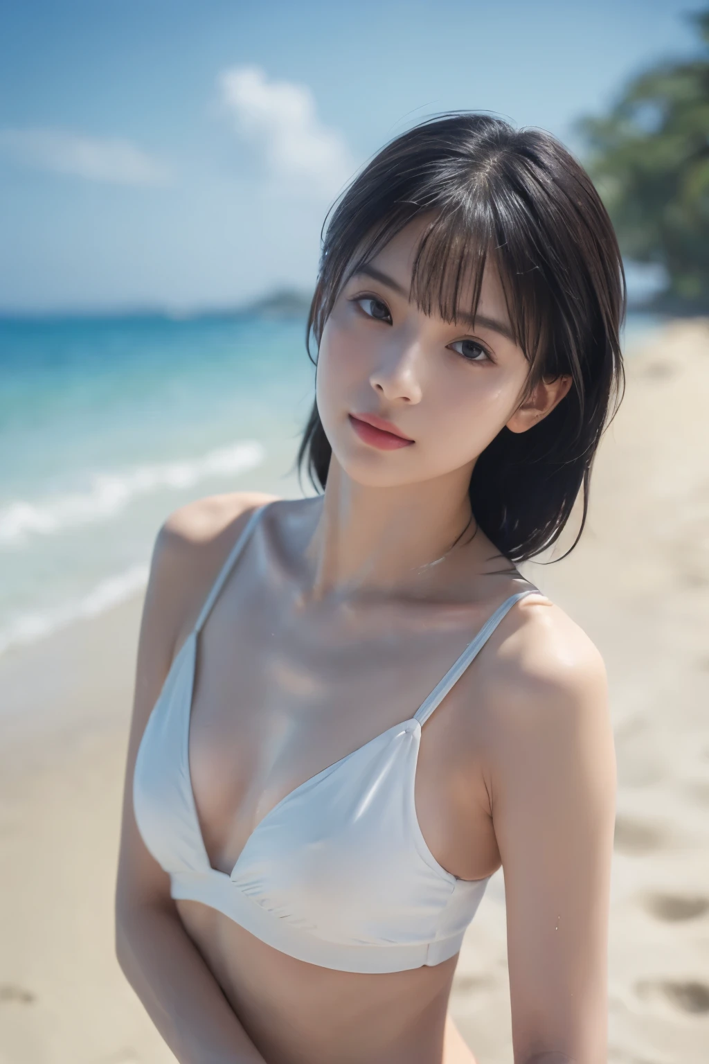 (8k, RAW photo, professional, best quality, masterpiece:1.2), (realistic, photo-realistic:1.37),  highres icon, RAW photo, stylish bikini swimsuit, (Hairstyles with bangs),  shooting from the waist up , (Sweaty skin), Beautiful beaches in foreign countries