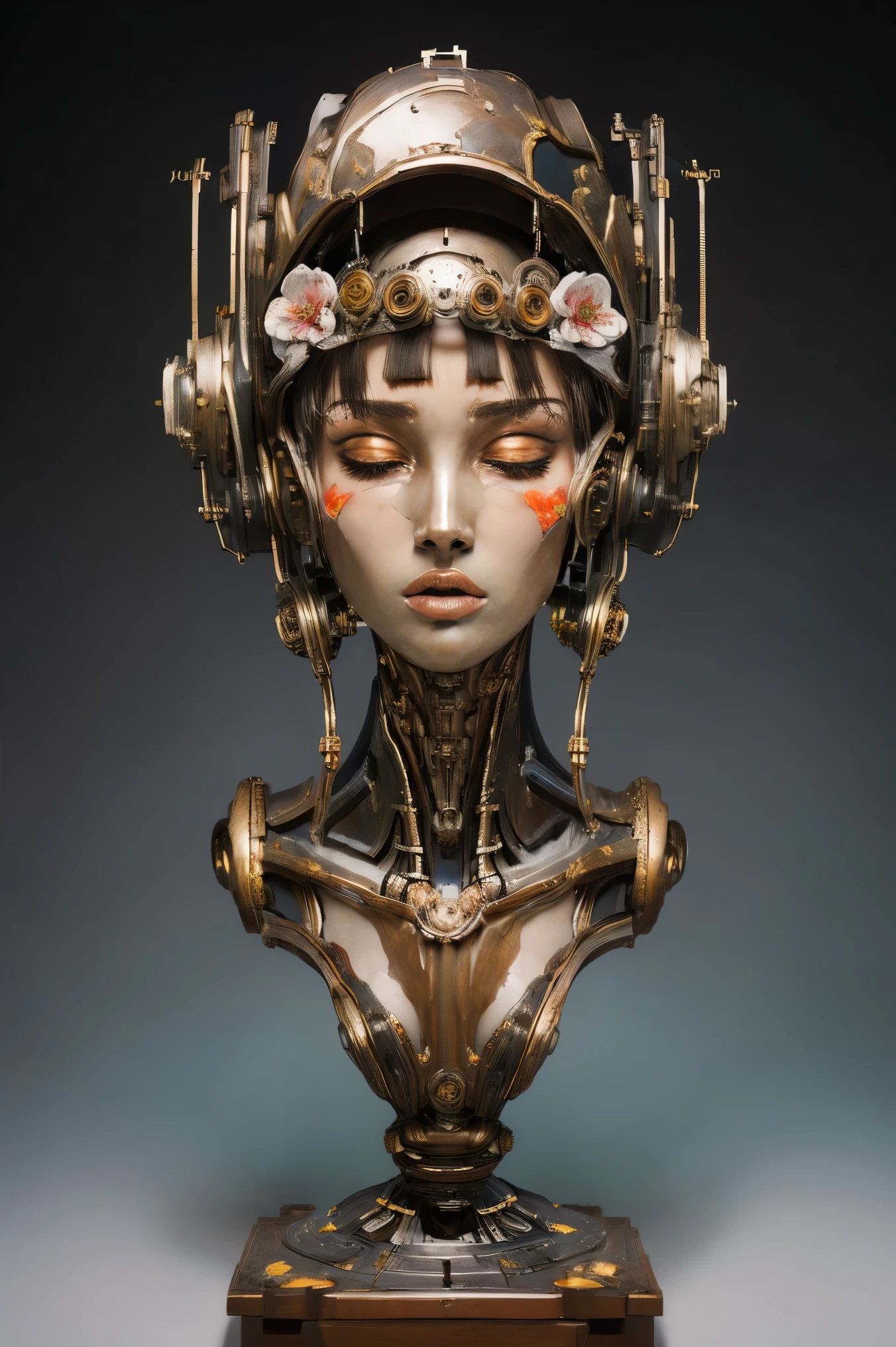 (masterpeace), ((super real photography: 1.5)), ((photo realistic: 1.3)), (real photo),
young girl with a lot of flowers, ((A young girl robot: 1.5)), (bust statue: 1.3),
BREAK
headgear, ((real metalic skin)), ((beautiful face: 1.5)), ((Super cute: 1.5)), ((babyface: 1.5)), ((well-balanced face)), (close eyes: 1.3)), longeyelashes, stunning big eyes, luscious glossy lips, ((blunt bangs: 1.5)), (long hair),
BREAK
(slender body: 1.3), petite bust, flower bloom, (flowers: 1.5),
BREAK
High-Mechanic body, octane rendering, Super Detailed machine, ((connected electric cables)),
BREAK
(simple background: 1.3), ((bust shot: 1.3)), cinema quality, professional photograph, (photo studio: 1.5), (Bright Light: 1.2), Eye-Level Shot, wide lens, (fujifilm 35mm), (film photo), RAW, Excessive Embellishment, UHD,
BREAK
anatomically correct, textured skin, best quality, 8k