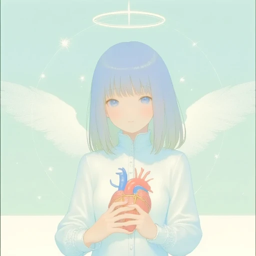 masterpiece, white silhouette art , white shrine maiden with angel wings ,((she hugs a big soft pink heart)), ,Beautiful design, angelic atmosphere , bright image, glittering particles, shiny, soft color, kawaii anime, cute illustration, angell dust falling, fancy style,