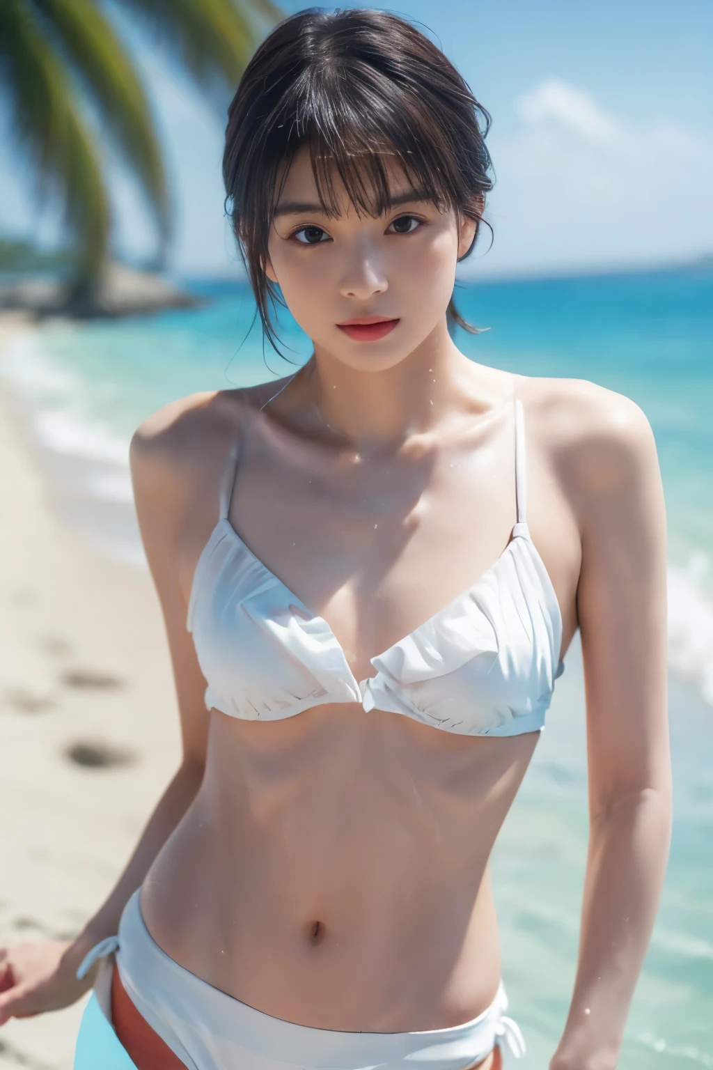 (8k, RAW photo, professional, best quality, masterpiece:1.2), (realistic, photo-realistic:1.37), highres icon, RAW photo, stylish bikini swimsuit, (Hairstyles with bangs), shooting from the waist up , (Sweaty skin), Beautiful beaches in foreign countries