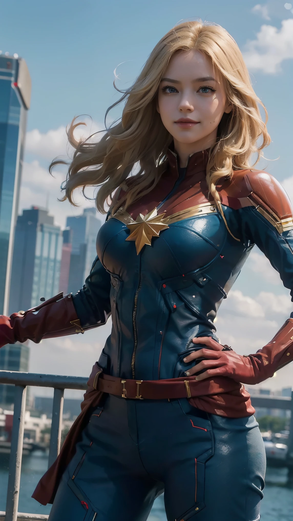 Captain Marvel,(best qualityer,4K,8k,high resolution,work of art:1.2)(weather: windy), Tokyo downtown background, Tokyo Tower, red and blue bodysuit, red gloves, red boots, belt, cheek mole, long wavy hair, blonde hair, ultra detailed, realistic, portrait,beautiful detailed blue eyes, glowing eyes,blush,beautiful detailed lips,extremely detailed eye and face, long eyelashes,sexy,average, medium breasts,beaming smile, flirty smile,powerful girl, heroic pose, stunning curves, bright coloured, dramatic lighting, hair flying,