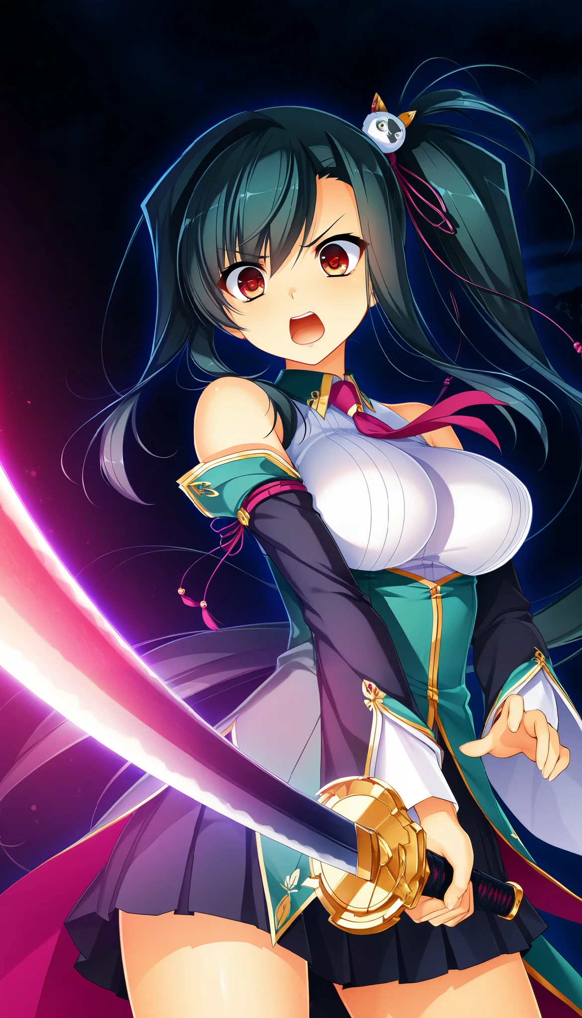 The night when the kan'u  \(koihime musou\),  open your mouth, Beautiful Finely Drawn Eyes , Shining Corona pupils ,  glossy lips , Greasy Lips ,  Highly Detailed Faces ,  long elegant fingers ,  long hair,  side ponytail ,  Dramatic Lighting ,  dark fantasy,  indecent vibe, Surprised expression, Glare:1.4,  attached a curved blade to the tip of the long handle_Holding a sword ,  random action pose , Beautiful round breasts:1.2, Beautiful bodyline,  brightly colored ,  Cinematic Composition ,  anime style :1.2, Detailed CG illustration, 8k, masterpiece．