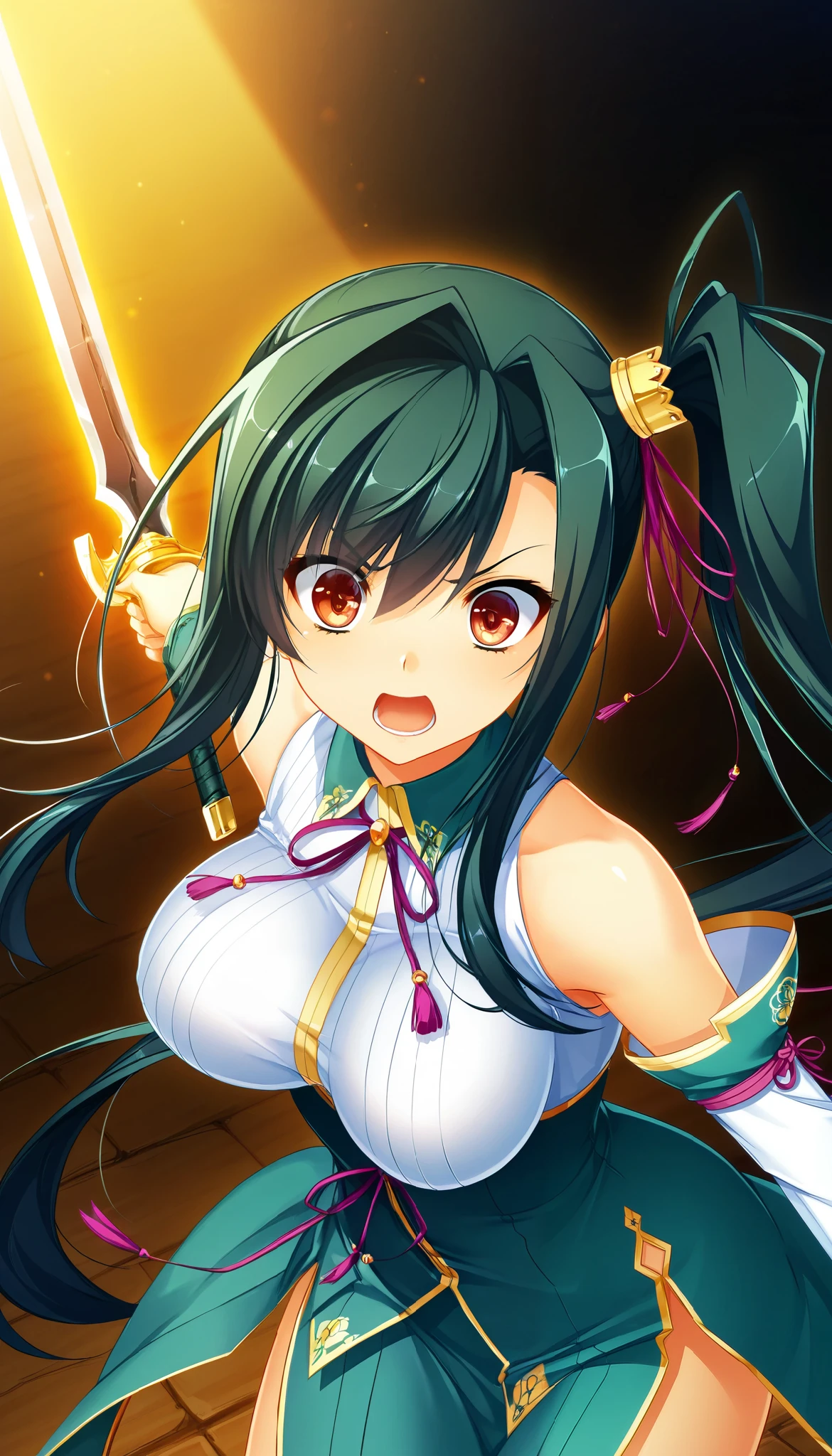 The night when the kan'u  \(koihime musou\),  open your mouth, Beautiful Finely Drawn Eyes , Shining Corona pupils ,  glossy lips , Greasy Lips ,  Highly Detailed Faces ,  long elegant fingers ,  long hair,  side ponytail ,  Dramatic Lighting ,  dark fantasy,  indecent vibe, Surprised expression, Glare:1.4,  attached a curved blade to the tip of the long handle_Holding a sword ,  random action pose , Beautiful round breasts:1.2, Beautiful bodyline,  brightly colored ,  Cinematic Composition ,  anime style :1.2, Detailed CG illustration, 8k, masterpiece．