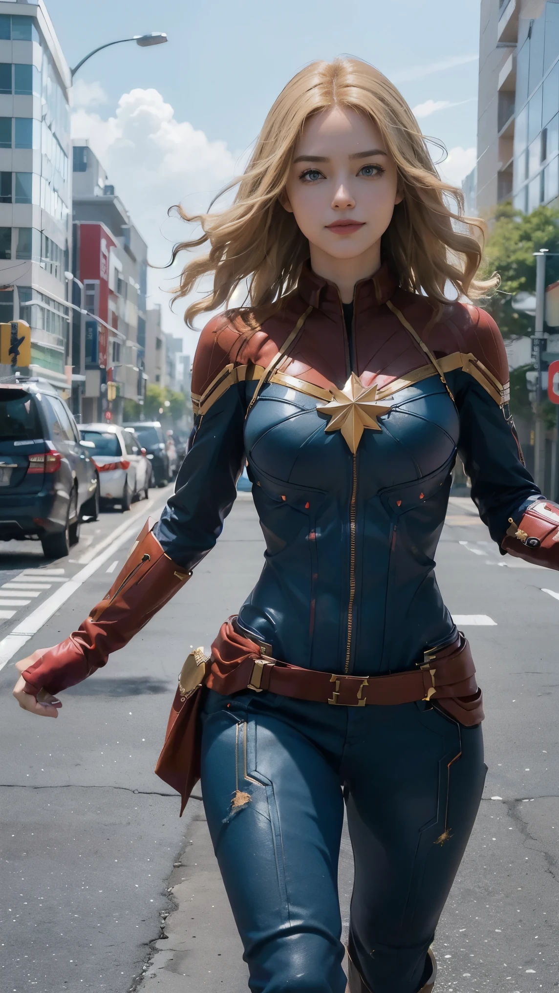 Captain Marvel,(best qualityer,4K,8k,high resolution,work of art:1.2)(weather: windy), Tokyo downtown background, Tokyo Tower, red and blue bodysuit, red gloves, red boots, belt, cheek mole, long wavy hair, blonde hair, ultra detailed, realistic, portrait,beautiful detailed blue eyes, glowing eyes,blush,beautiful detailed lips,extremely detailed eye and face, long eyelashes,sexy,average, medium breasts,beaming smile, flirty smile,powerful girl, heroic pose, stunning curves, bright coloured, dramatic lighting, hair flying,