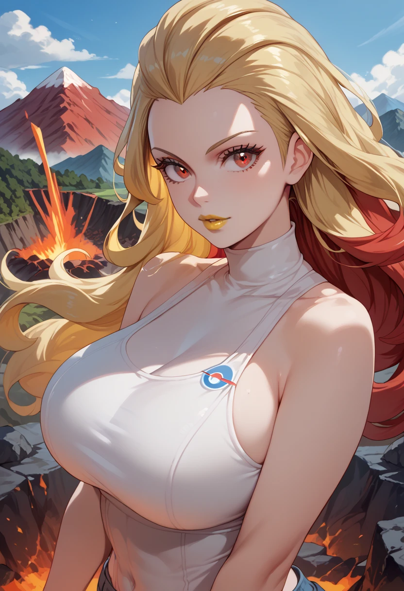 woman, white skin, yellow lipstick, blonde hair, red hair, multicolored hair, red eyes, big breasts, anime style, volcano, long hair, young, pokemon trainer