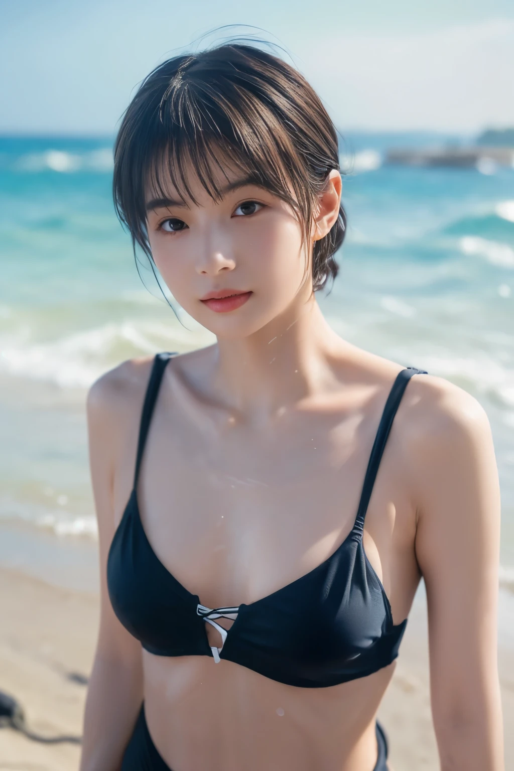 (8k, RAW photo, professional, best quality, masterpiece:1.2), (realistic, photo-realistic:1.37),  highres icon, RAW photo, stylish bikini swimsuit, (Hairstyles with bangs),  shooting from the waist up , (Sweaty skin), Beautiful beaches in foreign countries