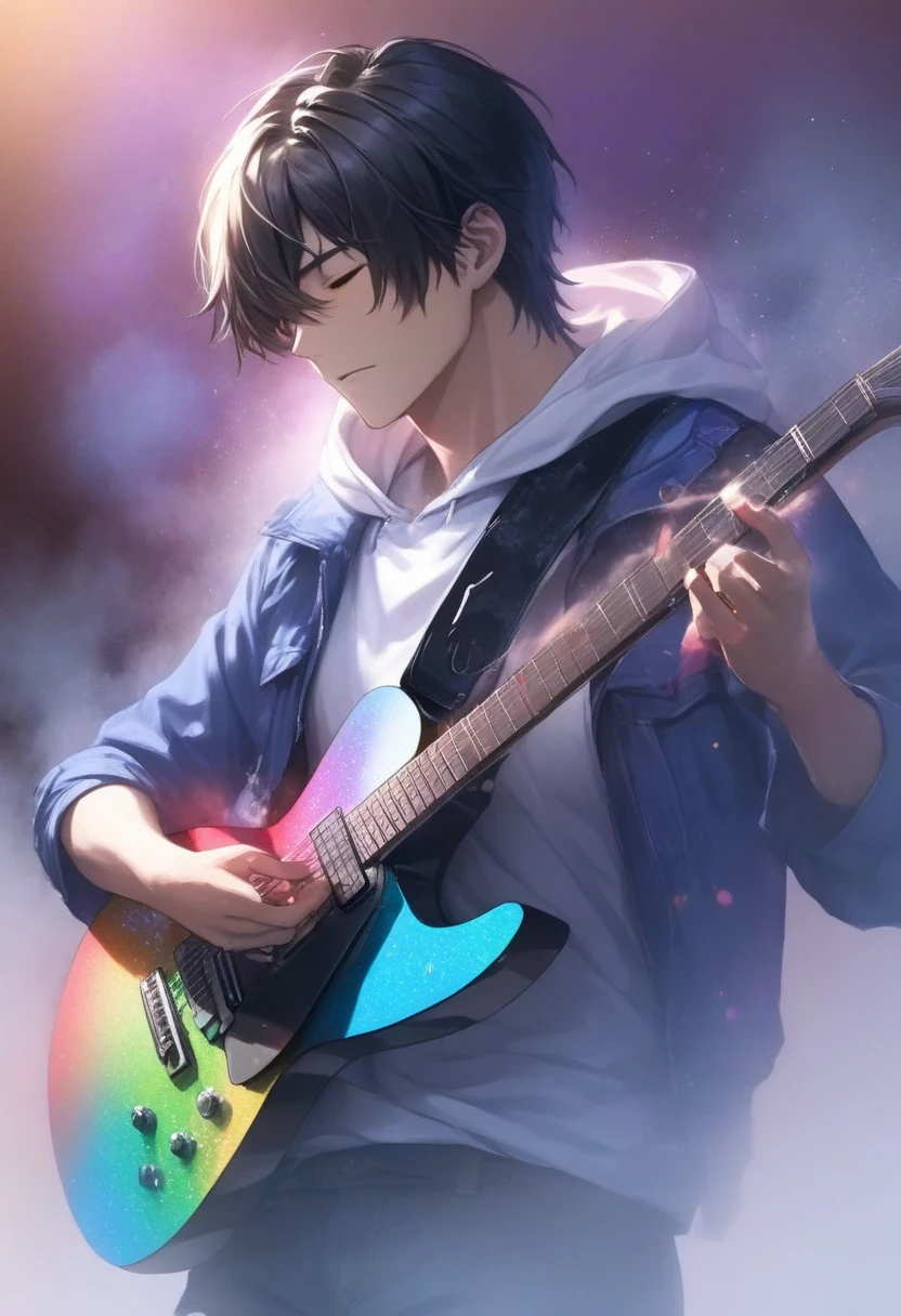  handsome dark-haired young man "Asuka" , Singing while playing the guitar ,  Wearing a white hoodie and blue jacket ,  Rainbow-colored spotlight  , LED colorful lighting and iridescent smog((Transformed Guitar ,  motion blur:1.5 ,  background blur  , Glitter Effect , Fog filter effect , Neon Dust,  gradation magic effects for singing while playing the guitar))