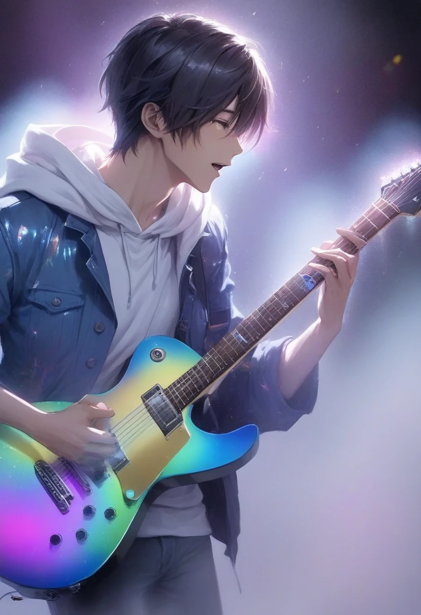  handsome dark-haired young man "Asuka" , Singing while playing the guitar ,  Wearing a white hoodie and blue jacket ,  Rainbow-colored spotlight  , LED colorful lighting and iridescent smog((Transformed Guitar ,  motion blur:1.5 ,  background blur  , Glitter Effect , Fog filter effect , Neon Dust,  gradation magic effects for singing while playing the guitar))