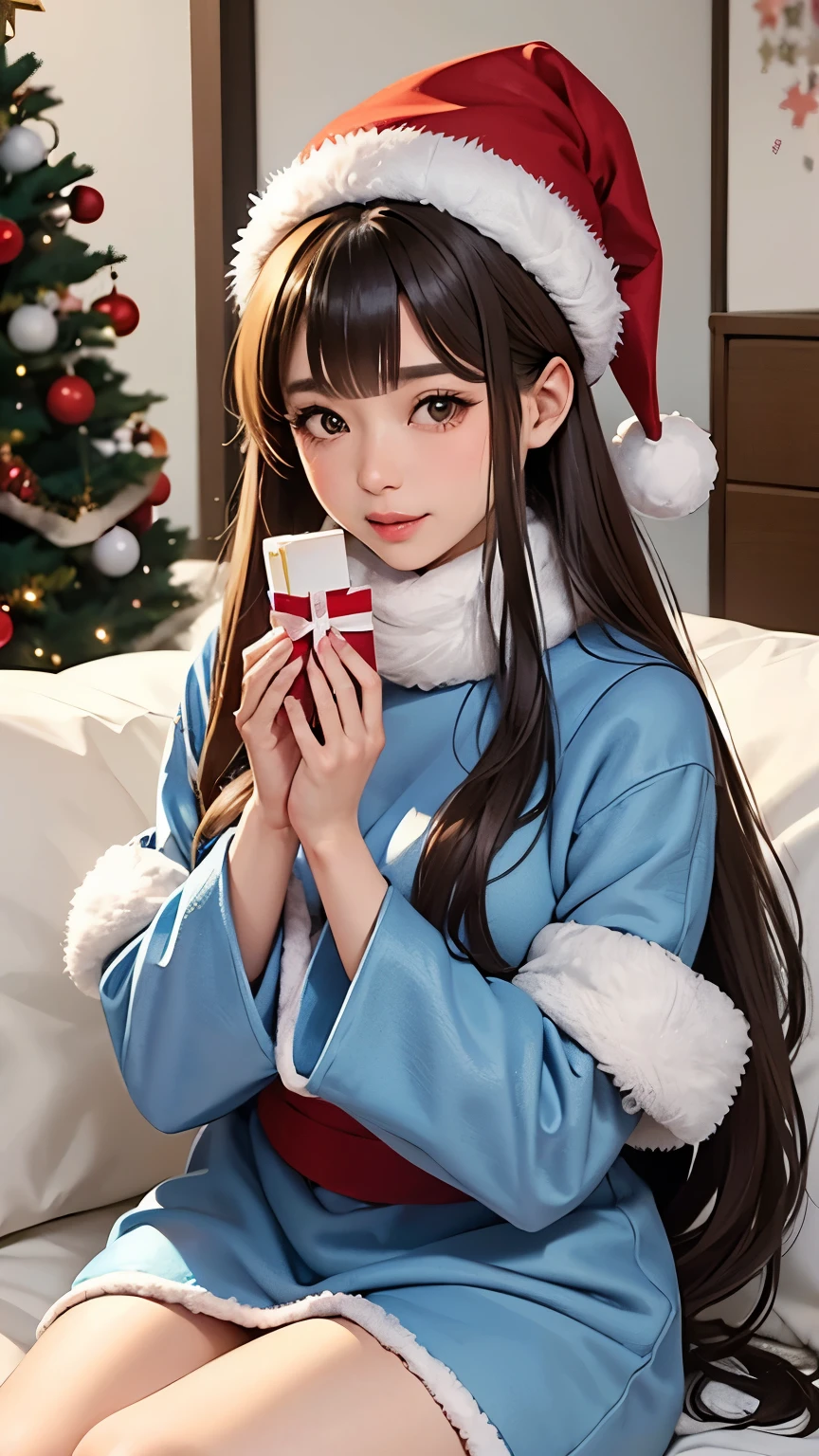 beautiful japanese influencer with light brown hair and slightly heavy makeup, sitting and wearing a Dusty blue Velour Santa dress and santa hat with fluffy fur accents, Cluttered pastel Christmas room, (リアル、リアリスティック)