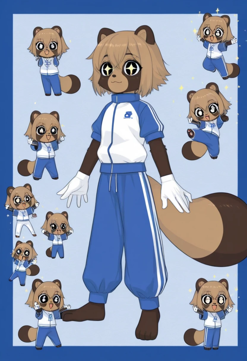 girl, tanuki, furry, bodyfur, hair, tail, school uniform, short sleeves, jersey pants, long pants, white gloves, barefoot, chibi, sparkling eyes, happy, full body