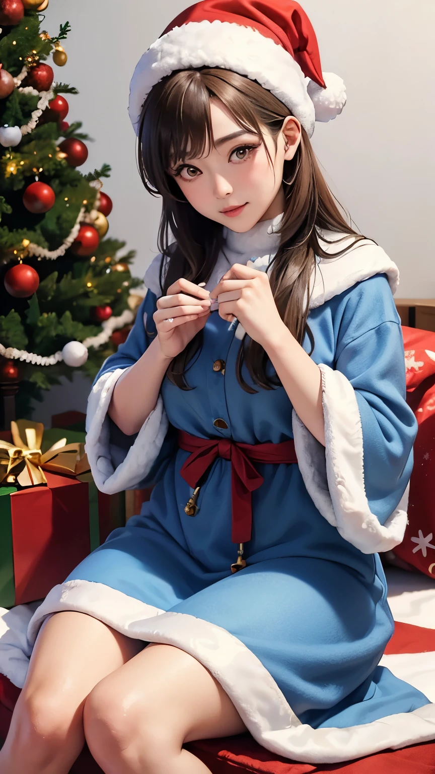 beautiful japanese influencer with light brown hair and slightly heavy makeup, sitting and wearing a Dusty blue Velour Santa dress and santa hat with fluffy fur accents, Cluttered pastel Christmas room, (リアル、リアリスティック)