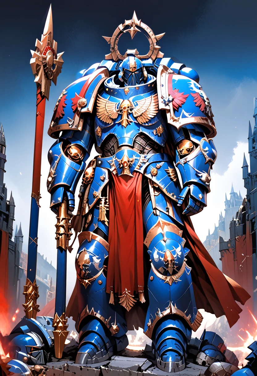 Anime, Concept art, Absurd resolution, high resolution, (masterpiece: 1.4), hyper-detail, warhammer 40k terminator armor, Juggernaut armor, heavy armor, knight, full body, glowing weapon, cloak, armor, edgy, grimdark, octosoup, 1man, bulky, buff, red plume, loin cloth, primaris helmet, reference sheet, iron halo, UltraM40k, full shot, front view, Holding_Halberd_V1