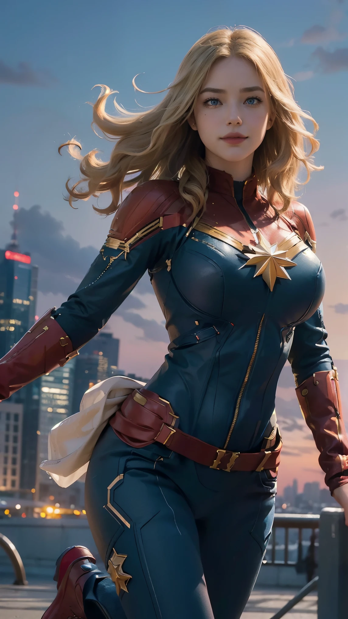 Captain Marvel,(best qualityer,4K,8k,high resolution,work of art:1.2)(weather: windy), Tokyo downtown background, Tokyo Tower, red and blue bodysuit, red gloves, red boots, belt, cleavage, cheek mole, long wavy hair, blonde hair, ultra detailed, realistic, portrait,beautiful detailed blue eyes, glowing eyes,blush,beautiful detailed lips,extremely detailed eye and face, long eyelashes,sexy,average, large breasts,beaming smile, flirty smile,powerful girl, heroic pose, stunning curves, bright coloured, dramatic lighting, hair flying,