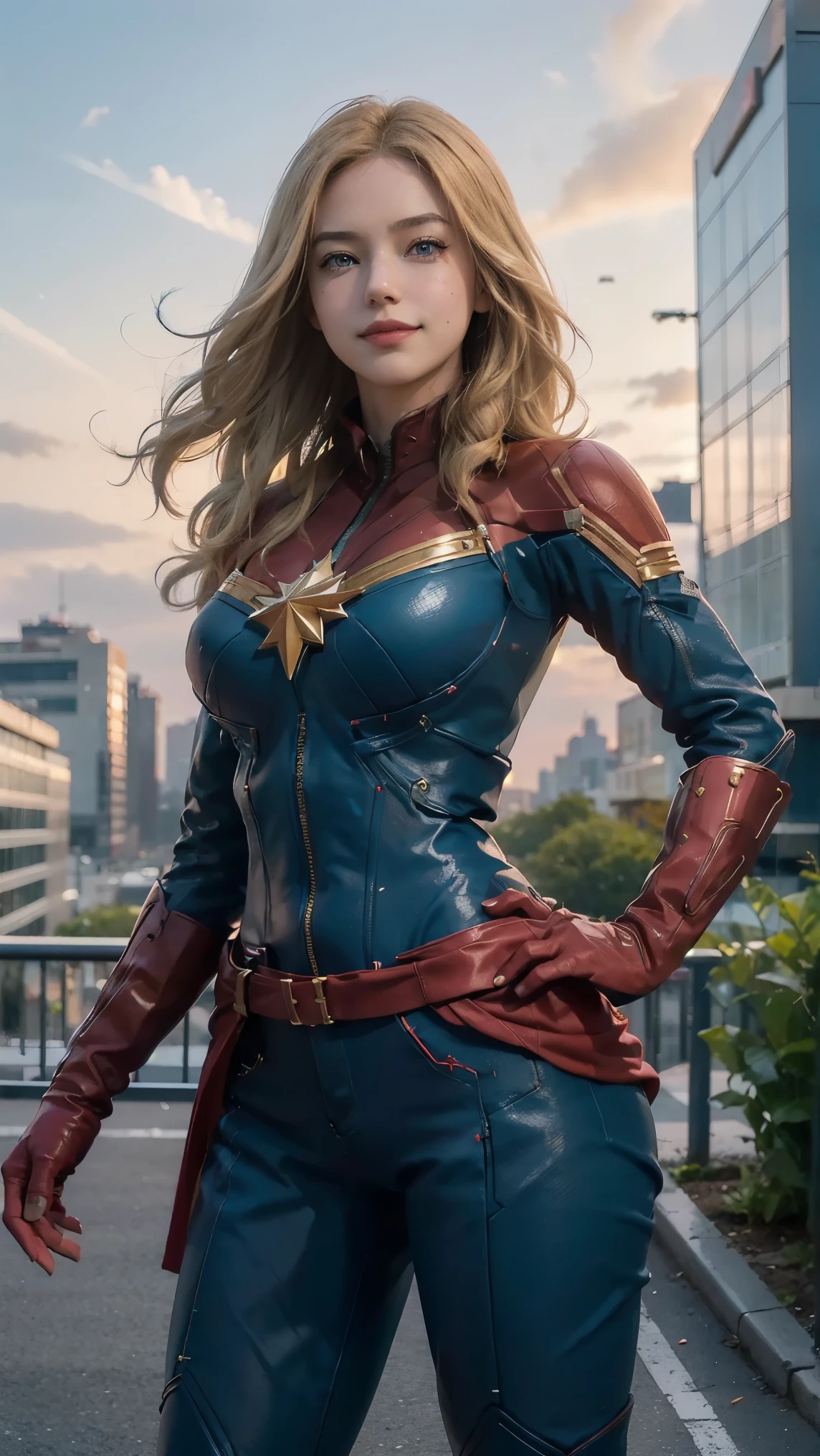 Captain Marvel,(best qualityer,4K,8k,high resolution,work of art:1.2)(weather: windy), Tokyo downtown background, Tokyo Tower, red and blue bodysuit, red gloves, red boots, belt, cleavage, cheek mole, long wavy hair, blonde hair, ultra detailed, realistic, portrait,beautiful detailed blue eyes, glowing eyes,blush,beautiful detailed lips,extremely detailed eye and face, long eyelashes,sexy,average, large breasts,beaming smile, flirty smile,powerful girl, heroic pose, stunning curves, bright coloured, dramatic lighting, hair flying,