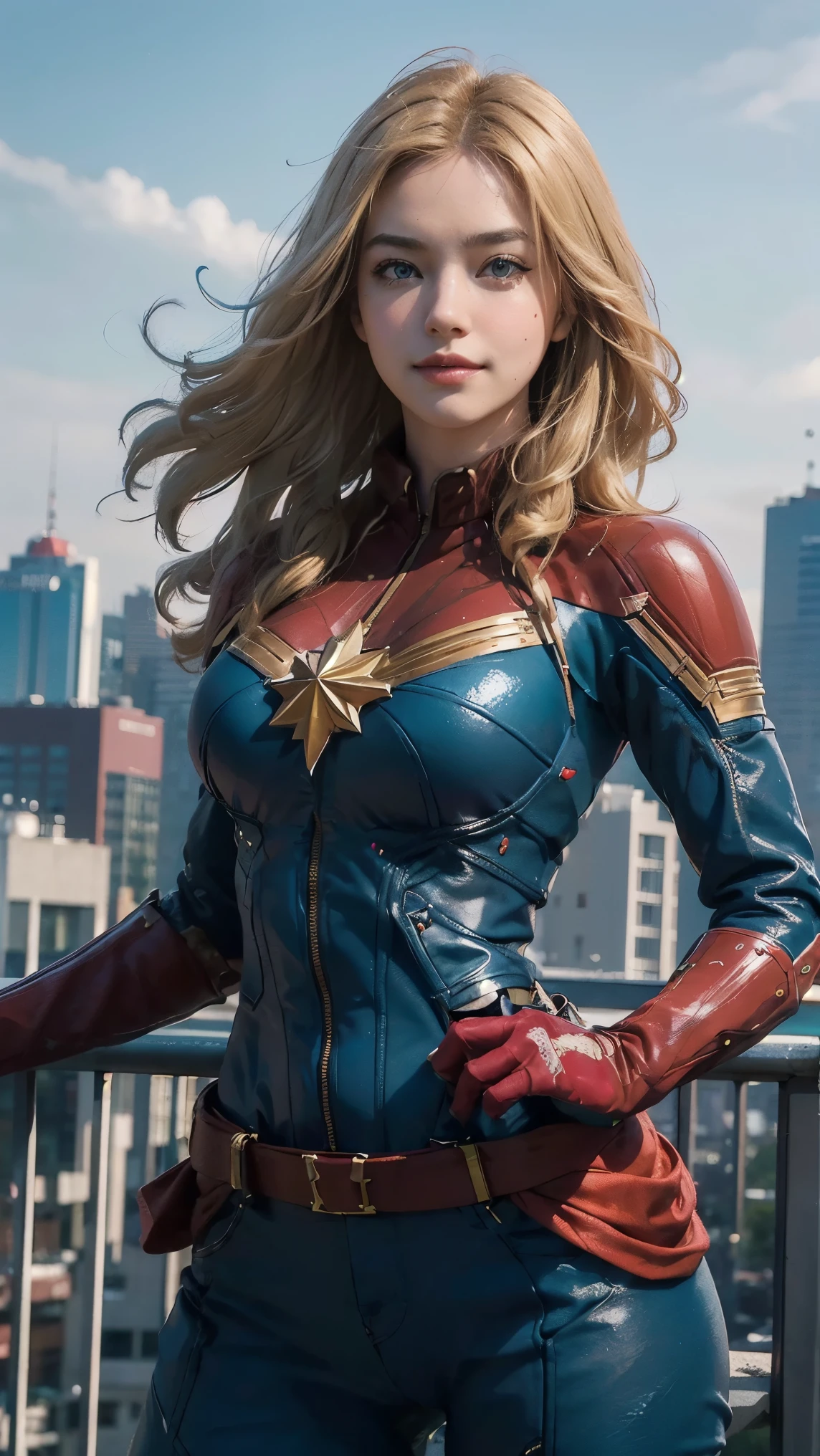 Captain Marvel,(best qualityer,4K,8k,high resolution,work of art:1.2)(weather: windy), Tokyo downtown background, Tokyo Tower, red and blue bodysuit, red gloves, red boots, belt, cleavage, cheek mole, long wavy hair, blonde hair, ultra detailed, realistic, portrait,beautiful detailed blue eyes, glowing eyes,blush,beautiful detailed lips,extremely detailed eye and face, long eyelashes,sexy,average, large breasts,beaming smile, flirty smile,powerful girl, heroic pose, stunning curves, bright coloured, dramatic lighting, hair flying,