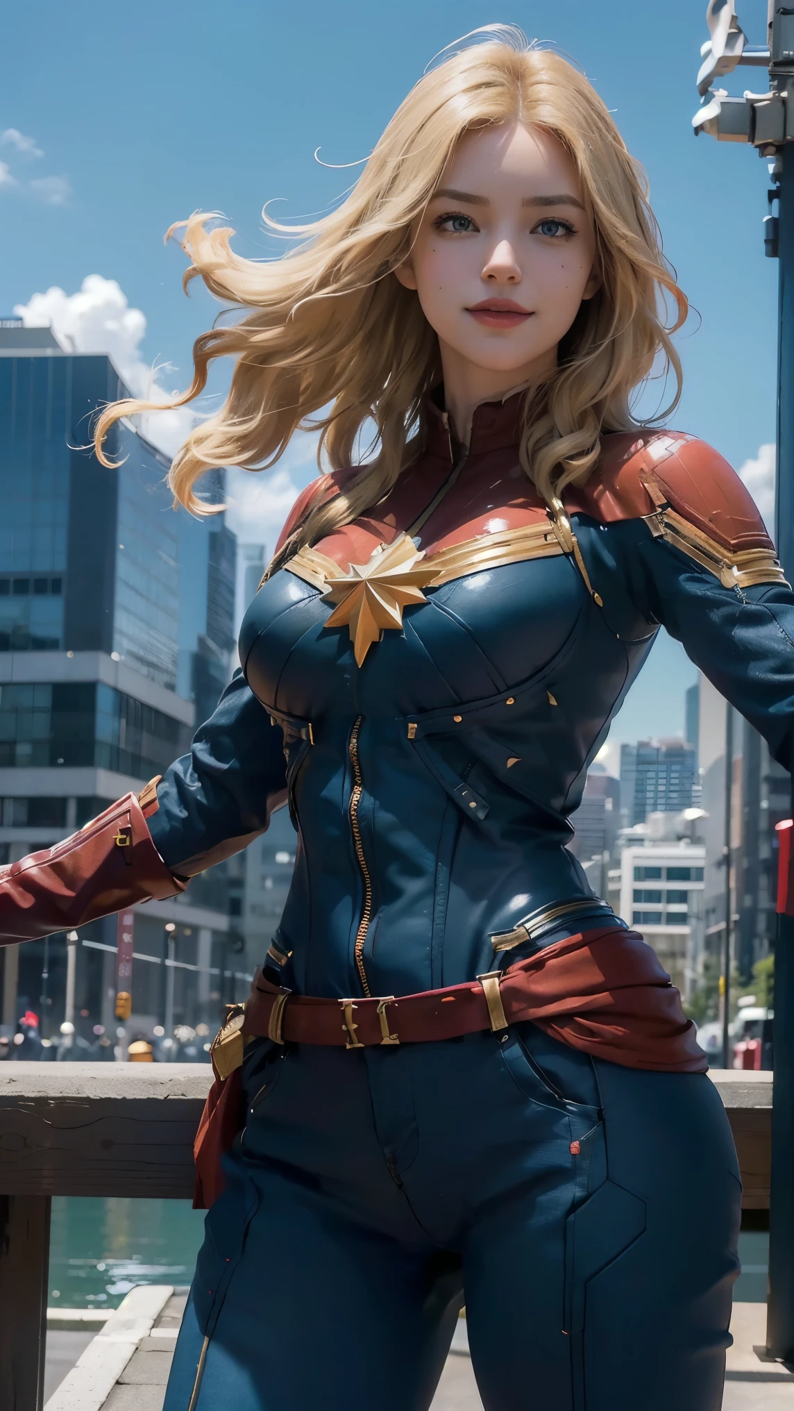 Captain Marvel,(best qualityer,4K,8k,high resolution,work of art:1.2)(weather: windy), Tokyo downtown background, Tokyo Tower, red and blue bodysuit, red gloves, red boots, belt, cleavage, cheek mole, long wavy hair, blonde hair, ultra detailed, realistic, portrait,beautiful detailed blue eyes, glowing eyes,blush,beautiful detailed lips,extremely detailed eye and face, long eyelashes,sexy,average, large breasts,beaming smile, flirty smile,powerful girl, heroic pose, stunning curves, bright coloured, dramatic lighting, hair flying,