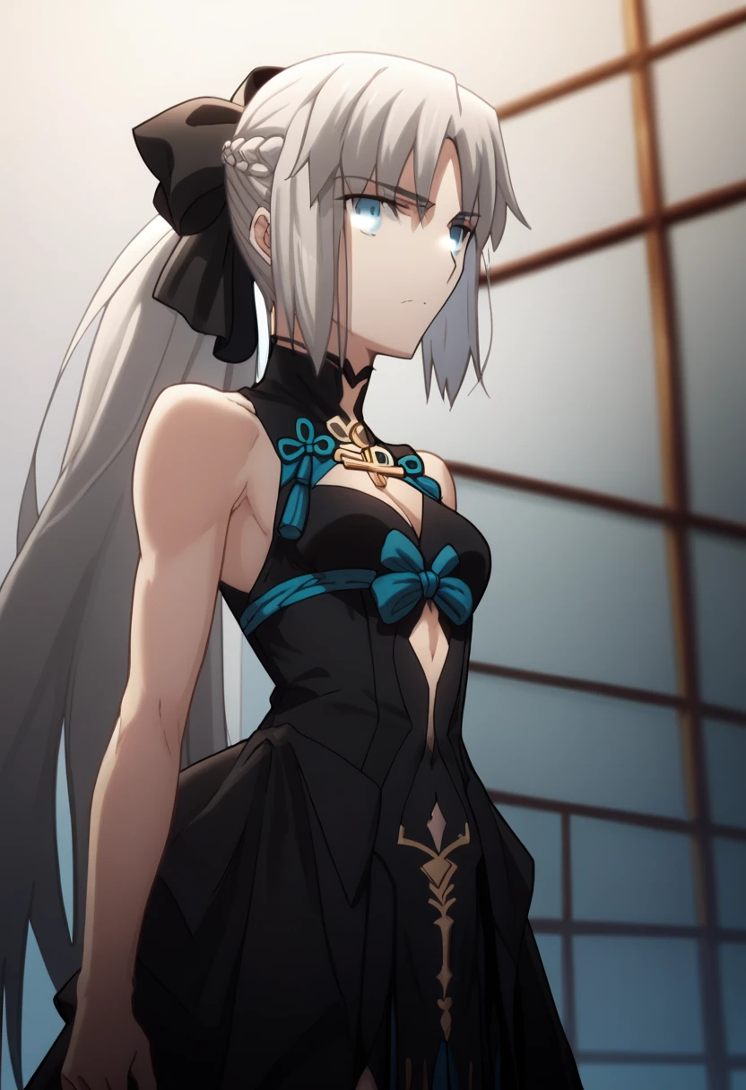 solo, one girl ,Fate/Grand Order,Morgan（Fate）, long hair, gray hair, blue eyes,とても long hair, ponytail, black ribbon, hair bow, French braid, Short Dress ,Sleeveless, cleavage in years, garment cutout,Collarless,pelvic curtain anime,Ufotable, viewer's perspective,