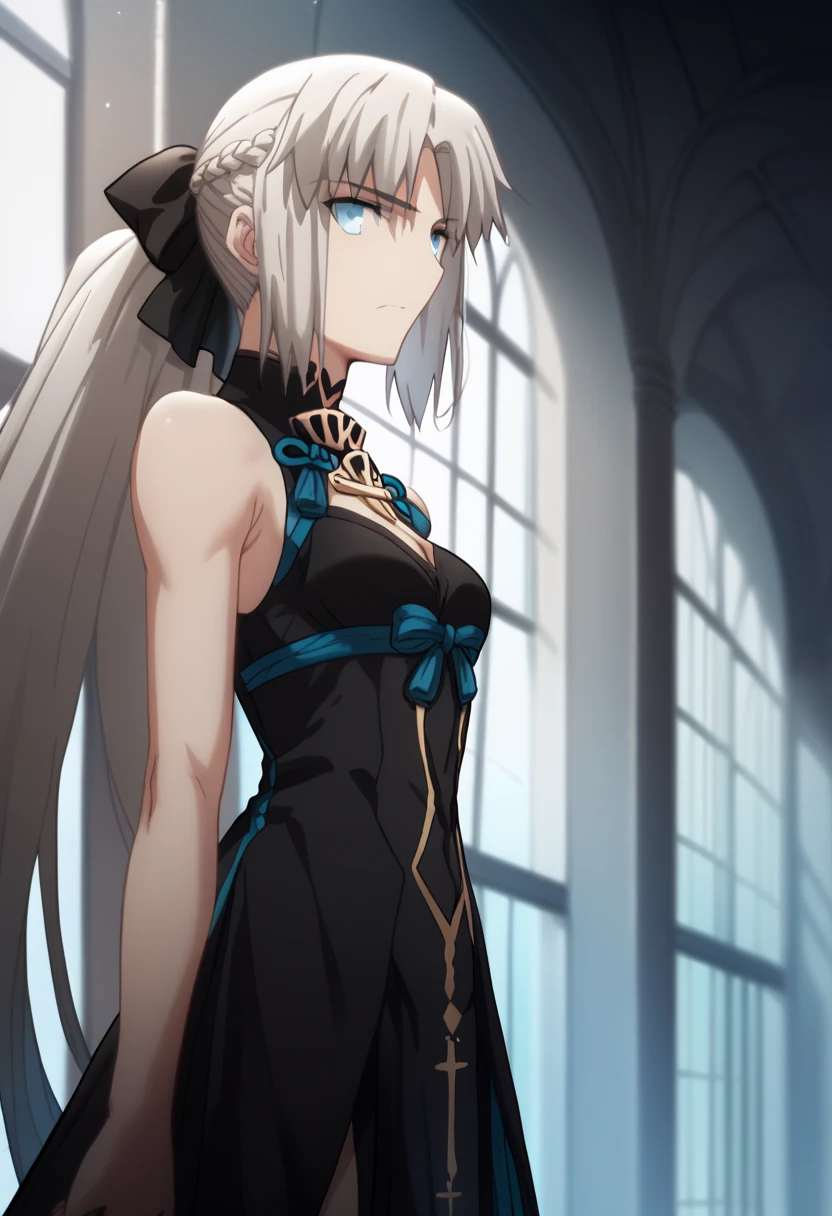 solo, one girl ,Fate/Grand Order,Morgan（Fate）, long hair, gray hair, blue eyes,とても long hair, ponytail, black ribbon, hair bow, French braid, Short Dress ,Sleeveless, cleavage in years, garment cutout,Collarless,pelvic curtain anime,Ufotable, viewer's perspective,