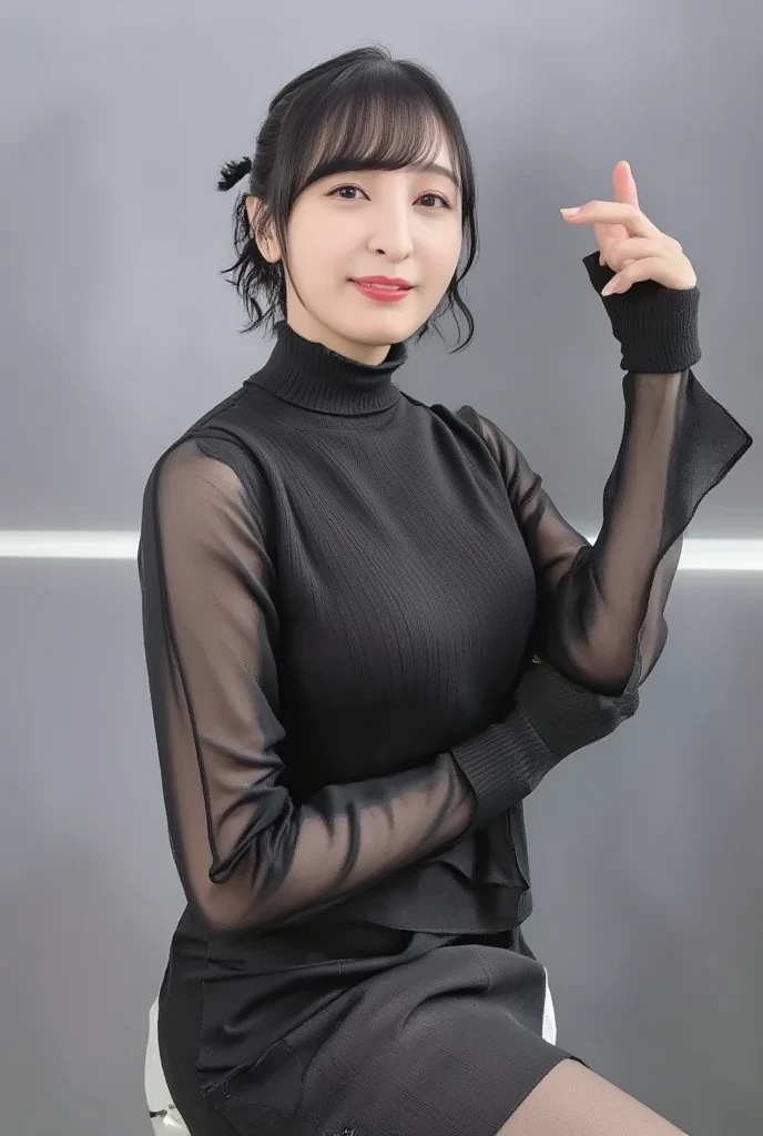 8k, RAW Photo, Best Quality, Masterpiece:1.2),(Realistic, photo-realistic:1.37), Super Detail, Wearing black pantyhose,She is wearing tight thin fitting transparent black long sleeve turtleneck, no skirts, transparent, cinematic lighting, sexy pose, monotone background, facing front, portrait, dressed up to the belly button, dressed up to the neck,black pantyhose,no pants,only pantyhose,no underwear, , (crawling position on their hands and knees,Showcasing cleavage,Emphasize the cleavag, smiling