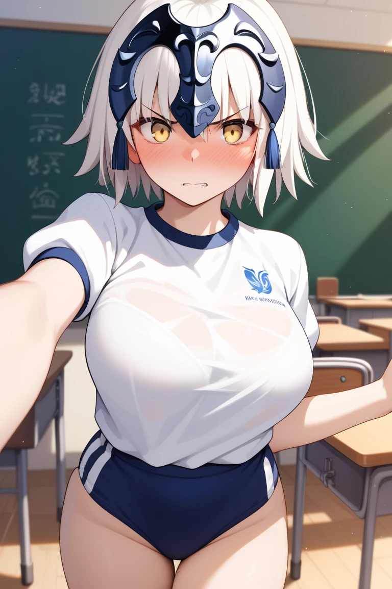 masterpiece,best quality,{{detailed beautiful face and eyes}}, 
Jeanne d'Arc Alter,{{{megami magazine}}},short hair,white hair,hair between eyes,headpiece,yellow eyes,large breasts,
gym uniform,red buruma, white shirt, short sleeves, thighs,
1girl,(is full-face blush, angry:1.0),
 ((standing,cowboy shot,looking at viewer:1.2)), 
(classroom:1.0),clothed