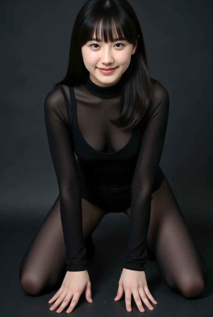 High resolution, High resolution, Attention to detail, masterpiece, Rough skin, Anatomically correct, sharp, Gray background,Wearing full-body tights,((Japanese beautiful mature woman,4)), alone, ((Facial wrinkles)), (Realistic人間的に, Realistic:1.37),(((Pose: A woman with legs spread 120 degrees apart, Push your hips diagonally forward to the right behind her head in a squatting position,)))),((She looks at me with an angry expression)),Front shot,Photograph the whole body from below,((Her hairstyle is medium short and wavy)),((I have a hairy constitution, so I have a lot of pubic hair.)),((She is wearing a black translucent bodysuit made of silk that is skin tight and shows her naked body, private parts and pubic hair.)),((,(((The pubic area is swollen and the pubic hair and cameltoe hidden under the body tights can be seen through the tights.))),sheer tights dig into the(0.3)clearly defined labia(0.3)The clearly visible),Because of her hairy constitution, she has a lot of armpit and pubic hair.)),full body close-up shot,Full body wide shot,Smooth curves,The location is a brightly lit basement,The background is gray space,