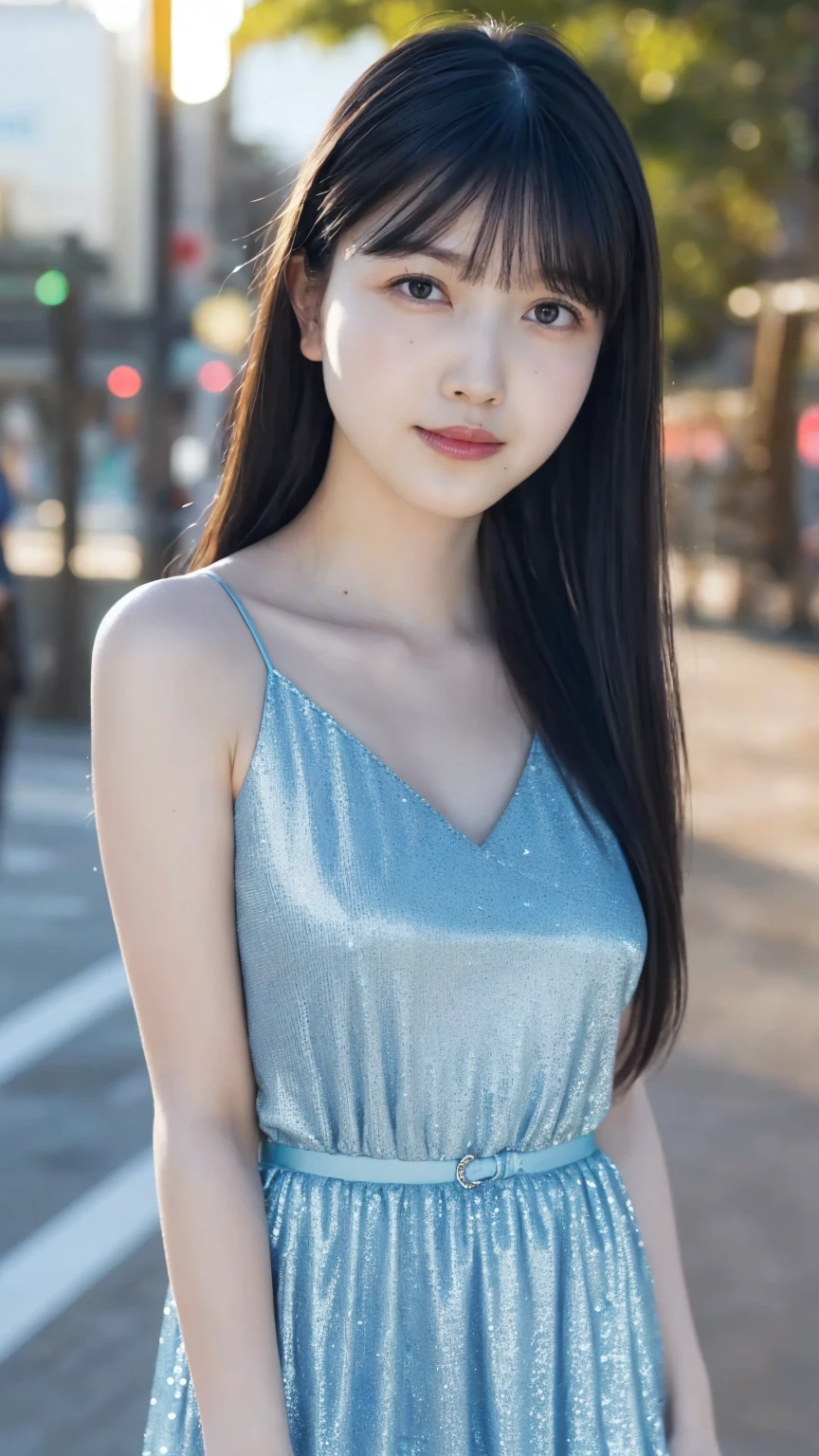Woman standing by the lake、Beauty、Uniform eyes、20 years old、university student、(((She is wearing a long navy blue dress)))、(((Wearing white panties)))、Smiling、Hands in front、Medium build、Small Bust、Viewer's gaze: Looking at the whole body from the front、, black hair, bangs, long hair, messy hair, light smile, Surrealism, cinematic lighting, tachi-e, first-person view, pov, cowboy shot, f/1.2, Nikon, UHD, best quality, highres, 8k