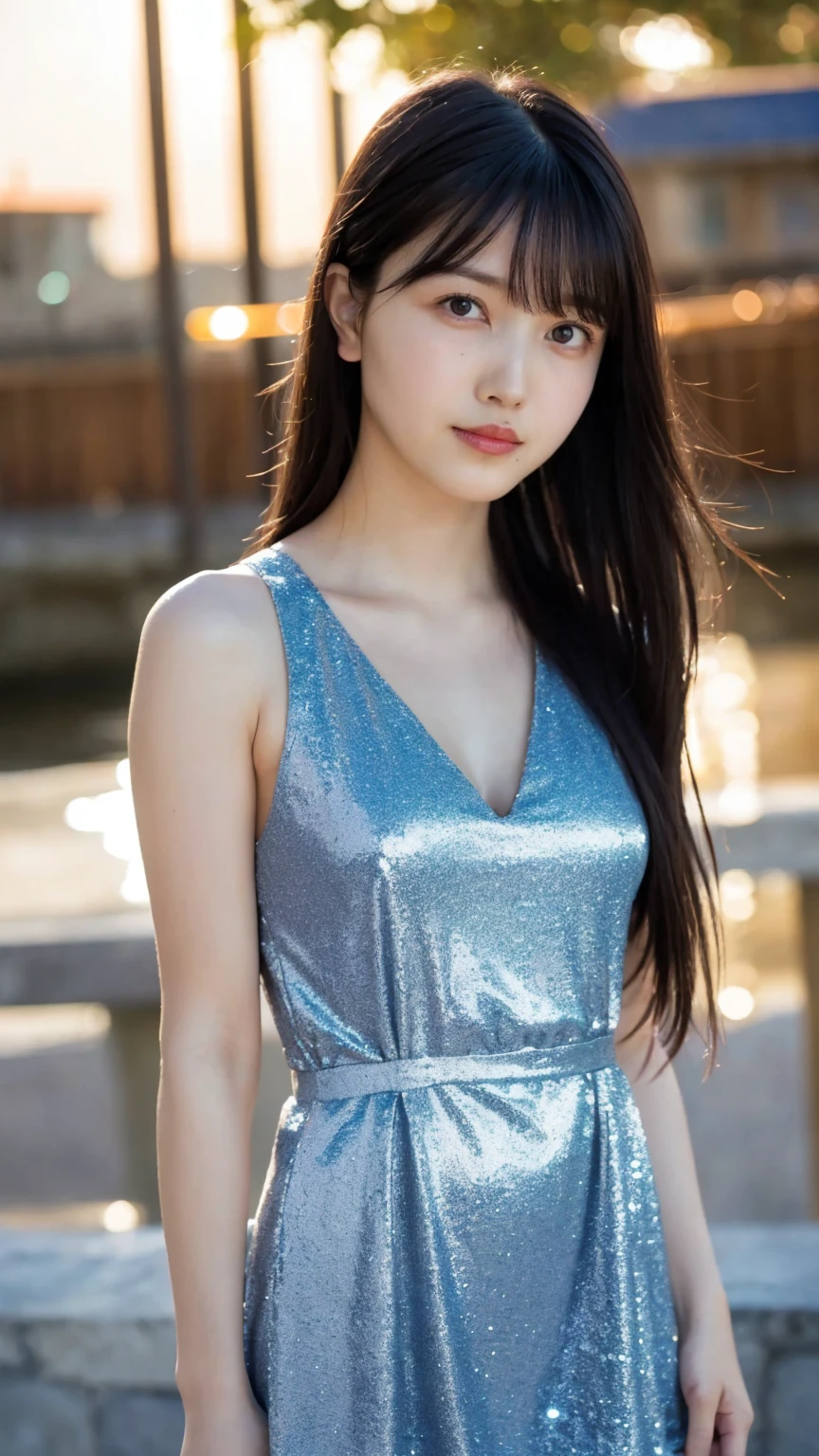 1girl,(wearing a blue glittery evening dress:1.2),(RAW photo, best quality), (realistic, photo-realistic:1.4), masterpiece, an extremely delicate and beautiful, extremely detailed, 2k wallpaper, Amazing, finely detail, extremely detailed CG unity 8k wallpaper, ultra-detailed, highres, soft light, beautiful detailed girl, extremely detailed eyes and face, beautiful detailed nose, beautiful detailed eyes,cinematic lighting,city lights at night,perfect ???????,slender body,light smile,close up,(long hair with bangs)