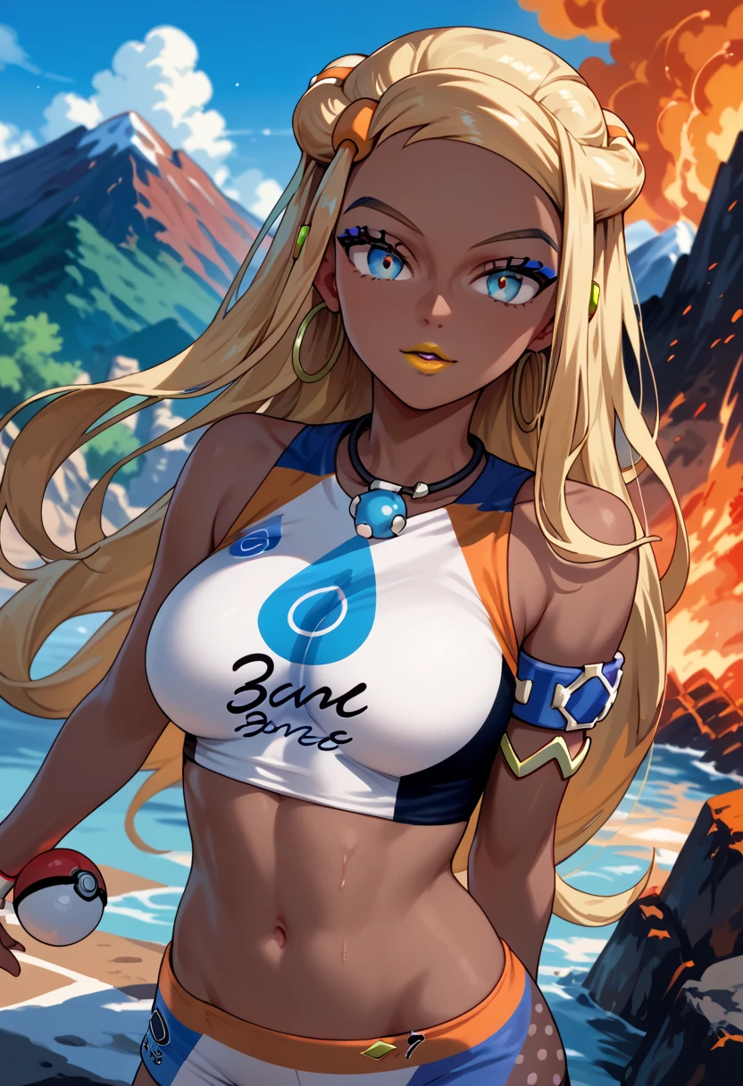 woman, white skin, yellow lipstick, blonde hair, red highlights in hair, red eyes, big breasts, anime style, volcano, long hair, young, pokemon trainer, Nessa