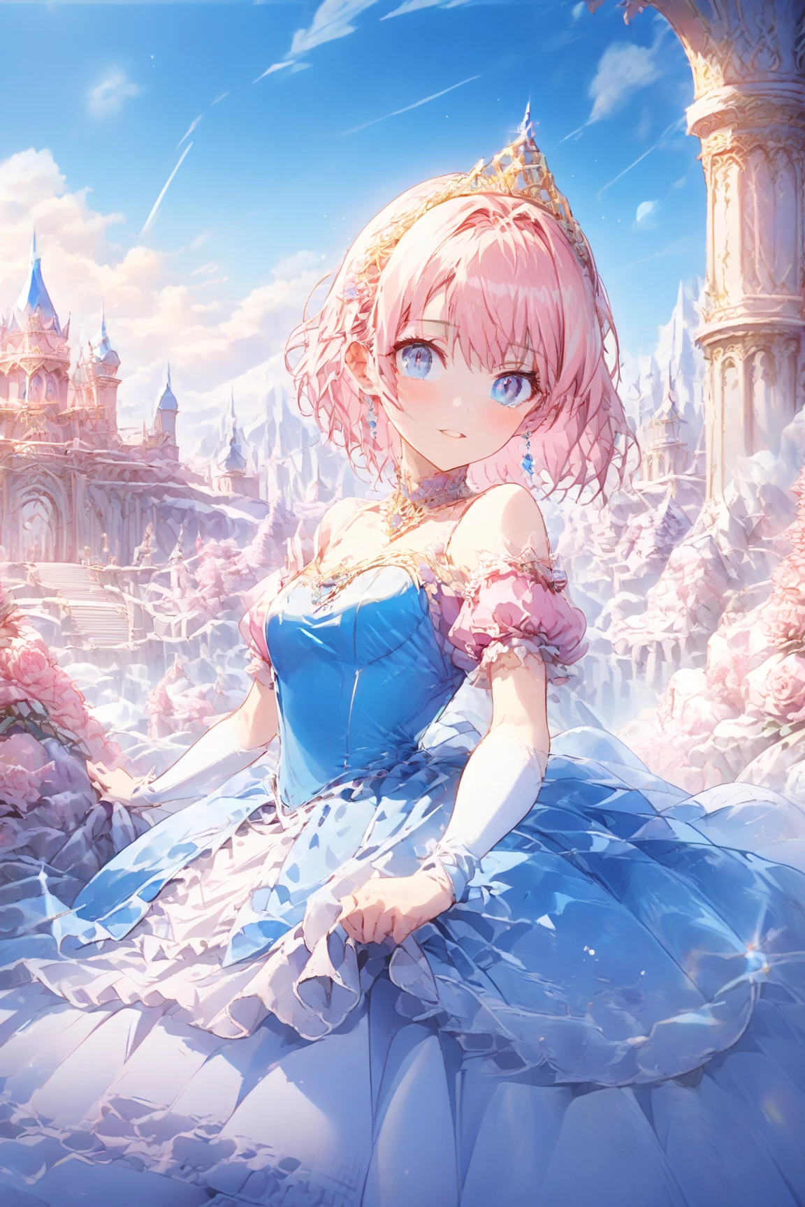 1girl,solo,(((pink short hair,blue eyes))),
princess,Cinderella,
in palace,brilliant view,