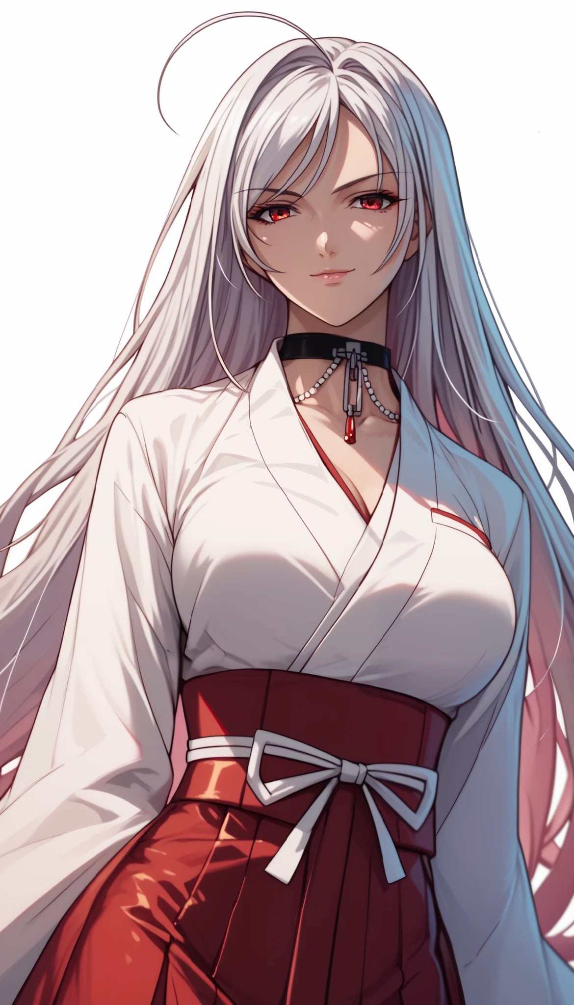 vampire moka akashiya, long hair, red eyes, ahoge, white hair, large breasts, mikofa, light smile,Shiny Hair、Tight waist、Small waist、Glowing Skin、(white background:1.2)、eight-headed body、Beauty、