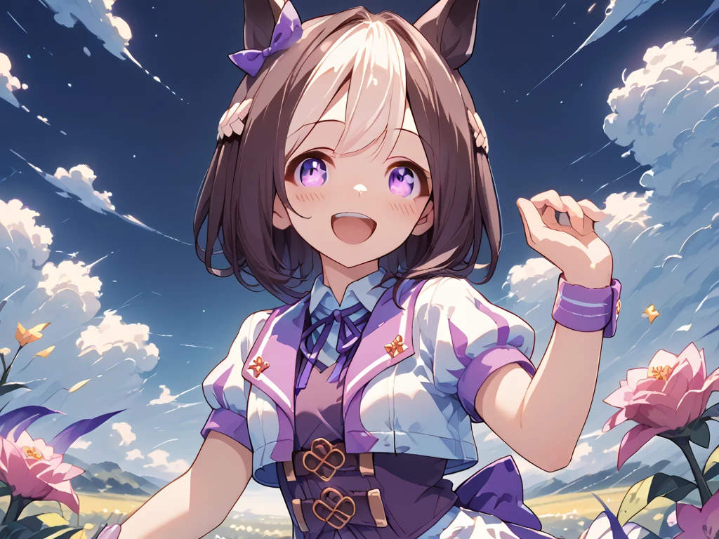 best quality, absurdres, masterpiece, 1人の女の子
special week \(Uma Musume\), 
ear bow, purple bow, puffy short sleeves, neck ribbon, blue ribbon, cropped jacket, white jacket, two-tone jacket, collared shirt, white shirt, purple vest, wristband, wrist cuffs, white skirt, pleated skirt, two-tone skirt, frilled skirt, frills,   zettai ryouiki, white thighhighs, white footwear, purple footwear, asymmetrical footwear, mismatched footwear, Durable sneakers, looking at viewer, in the field of flowers, surrounded by stars and stardust, at midnight, from front, moonlight, happy, laughing, blush, tall, 30-year-old, adult, cute, beautiful, standing, upper body