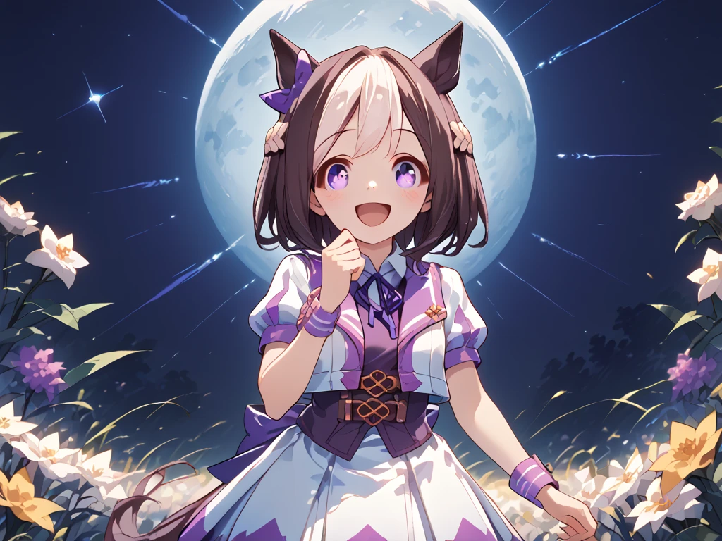 best quality, absurdres, masterpiece, 1人の女の子
special week \(Uma Musume\), 
ear bow, purple bow, puffy short sleeves, neck ribbon, blue ribbon, cropped jacket, white jacket, two-tone jacket, collared shirt, white shirt, purple vest, wristband, wrist cuffs, white skirt, pleated skirt, two-tone skirt, frilled skirt, frills,   zettai ryouiki, white thighhighs, white footwear, purple footwear, asymmetrical footwear, mismatched footwear, Durable sneakers, looking at viewer, in the field of flowers, surrounded by stars and stardust, at midnight, from front, moonlight, happy, laughing, blush, tall, 30-year-old, adult, cute, beautiful, standing, upper body